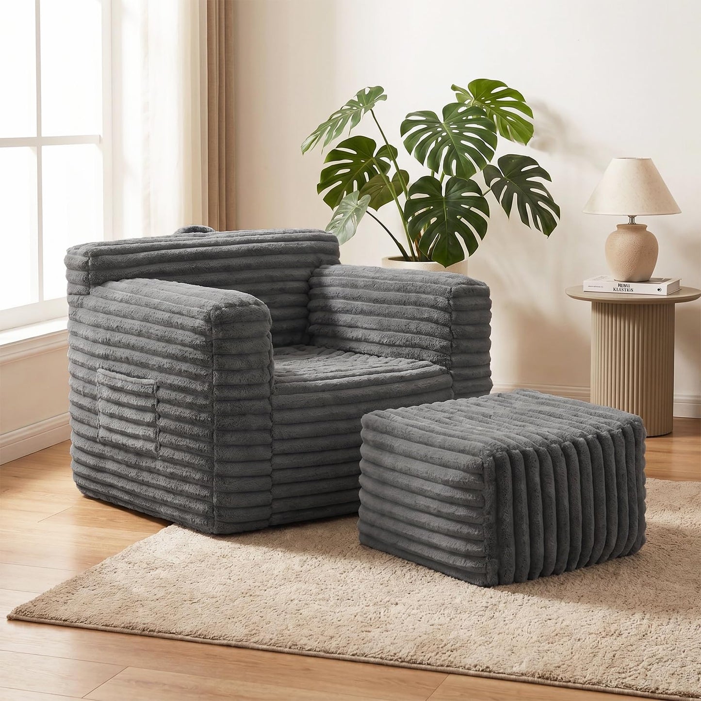 Tiita Bean Bag Chair with Footrest for Adults, Foam Lounge Chair with Back Support and Armrests, Soft Corduroy Cover, Removable Washable Sofa Chair for Reading, Gaming, Dark Grey