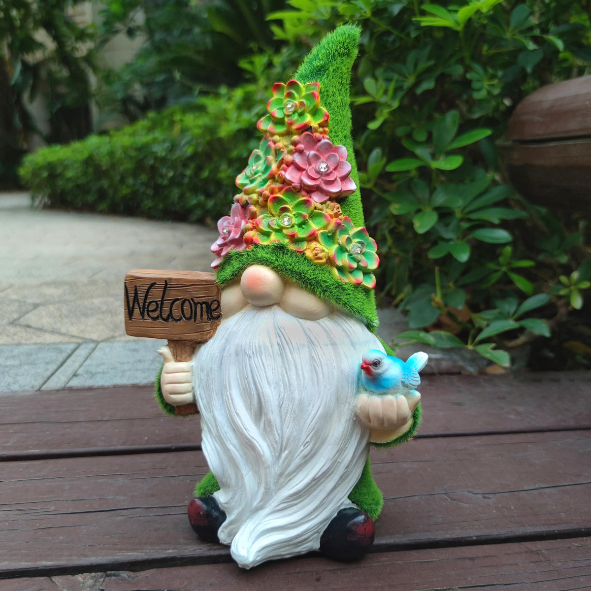 VIOYOUNS Solar Gnomes Garden Statues,Resin Gnome Figurine Holding Welcome Card and Bird with Solar Lights, Outdoor Gnomes Decorations for Yard Patio Lawn Porch, Garden Gifts