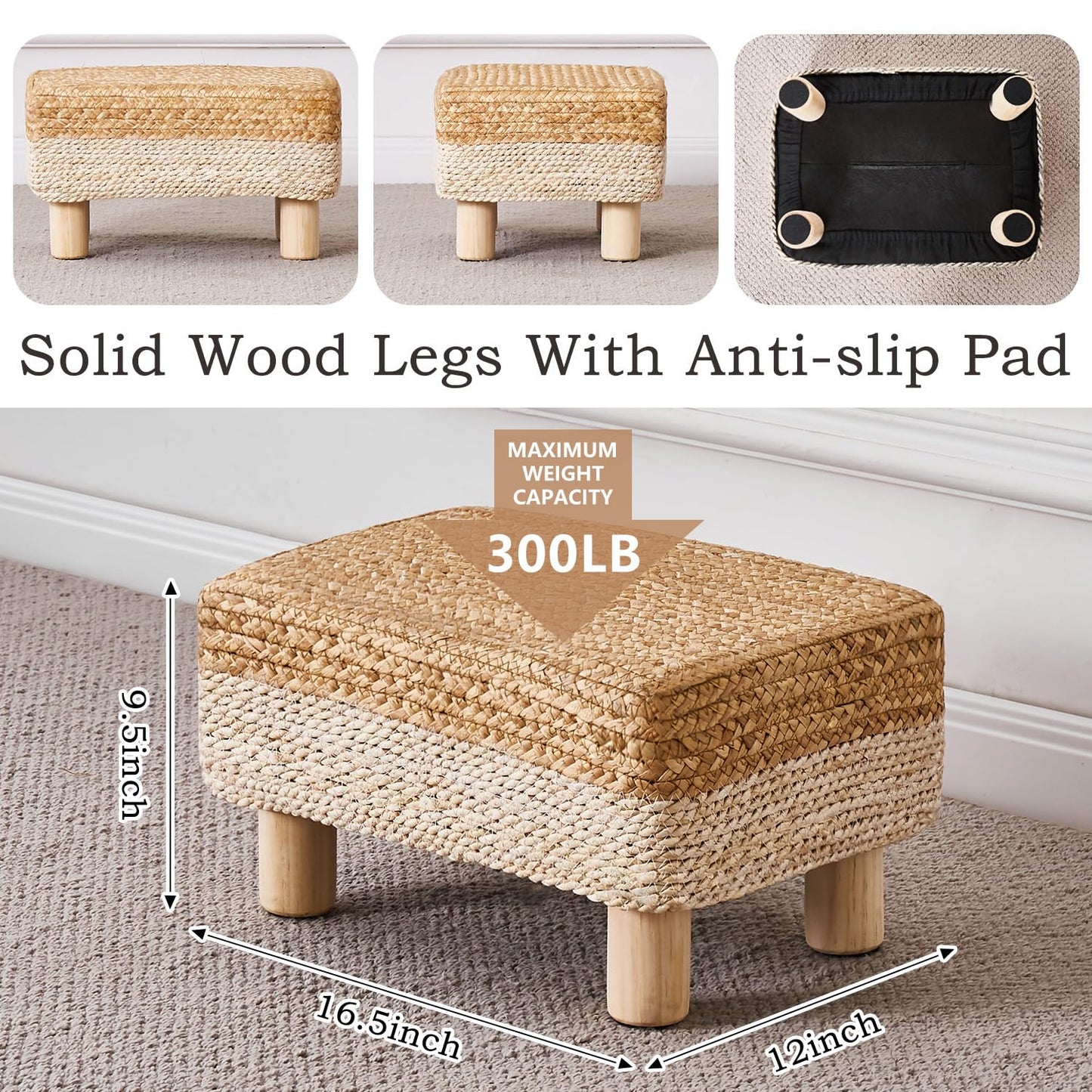 Wimarsbon Natural Seagrass Footstool Ottoman Rectangular Footrest Pouf Ottomans with Wooden Legs Hand Weave Step Stool for Living Room Bedroom Entryway White