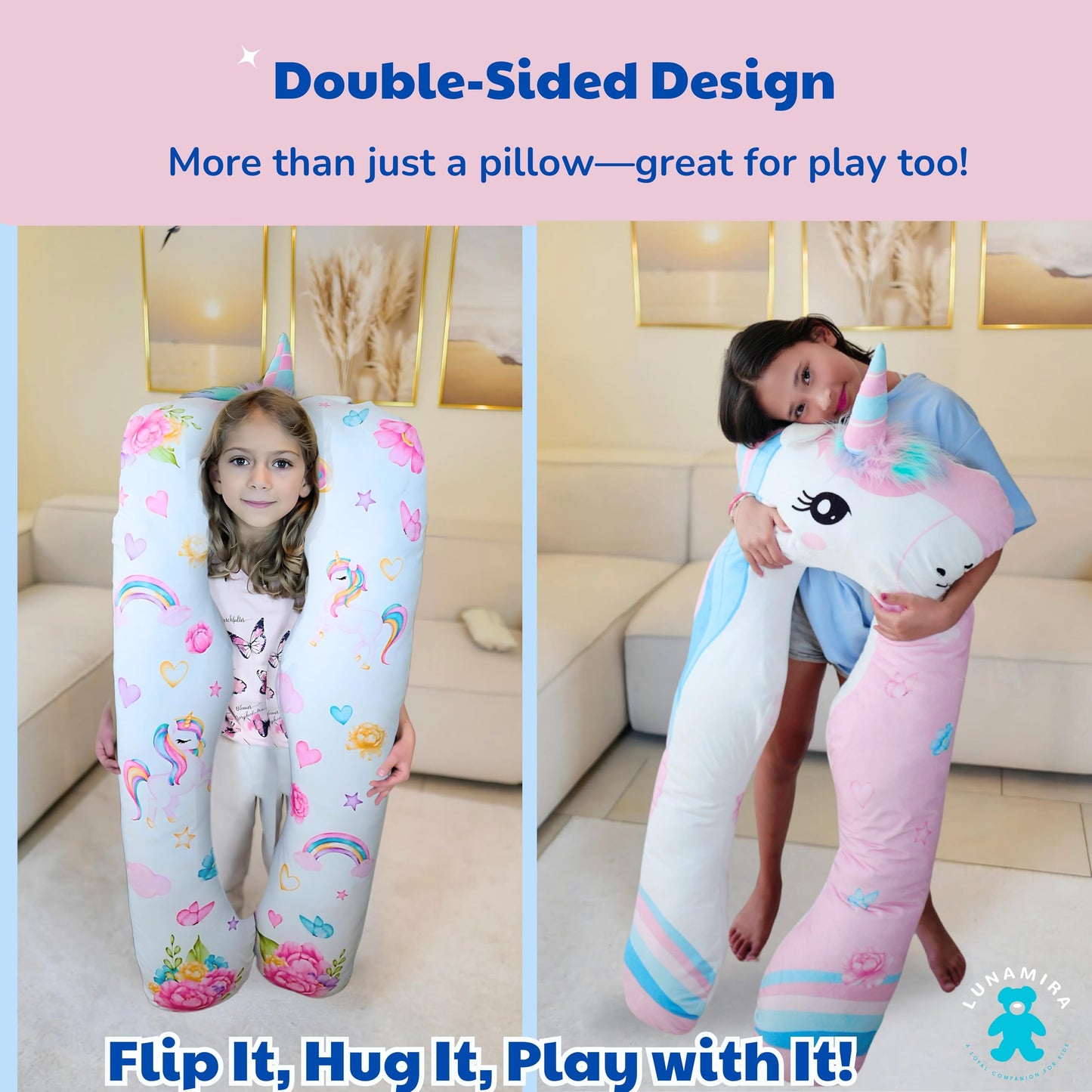 LUNAMIRA Unicorn Kids Body Pillow - 47" U-Shape Long Plush Soft Animal Pillow for Sleeping, Reading, ADHD & Special Needs Comfort, Anxiety, Washable Cover, Snuggle Cuddle for Boys & Girls