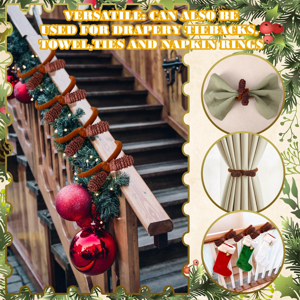 Jutom 16 Pcs 20 Inches Christmas Velvet Garland Ties Decorative Banister Twist Ties Reusable and Flexible for Xmas Light Banisters Home Stairways Railings Decoration(Brown)
