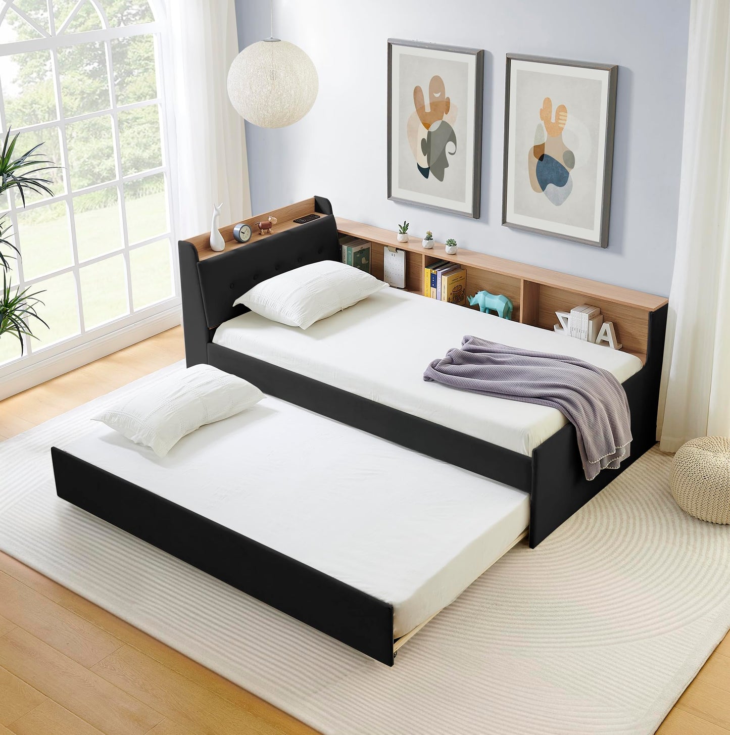 Twin Size Upholstery Velvet Height Adjustable Day Bed with Storage Headboard and Wireless Charging, Multi-Functional Daybed with Trundle Bed & LED Lights, Black