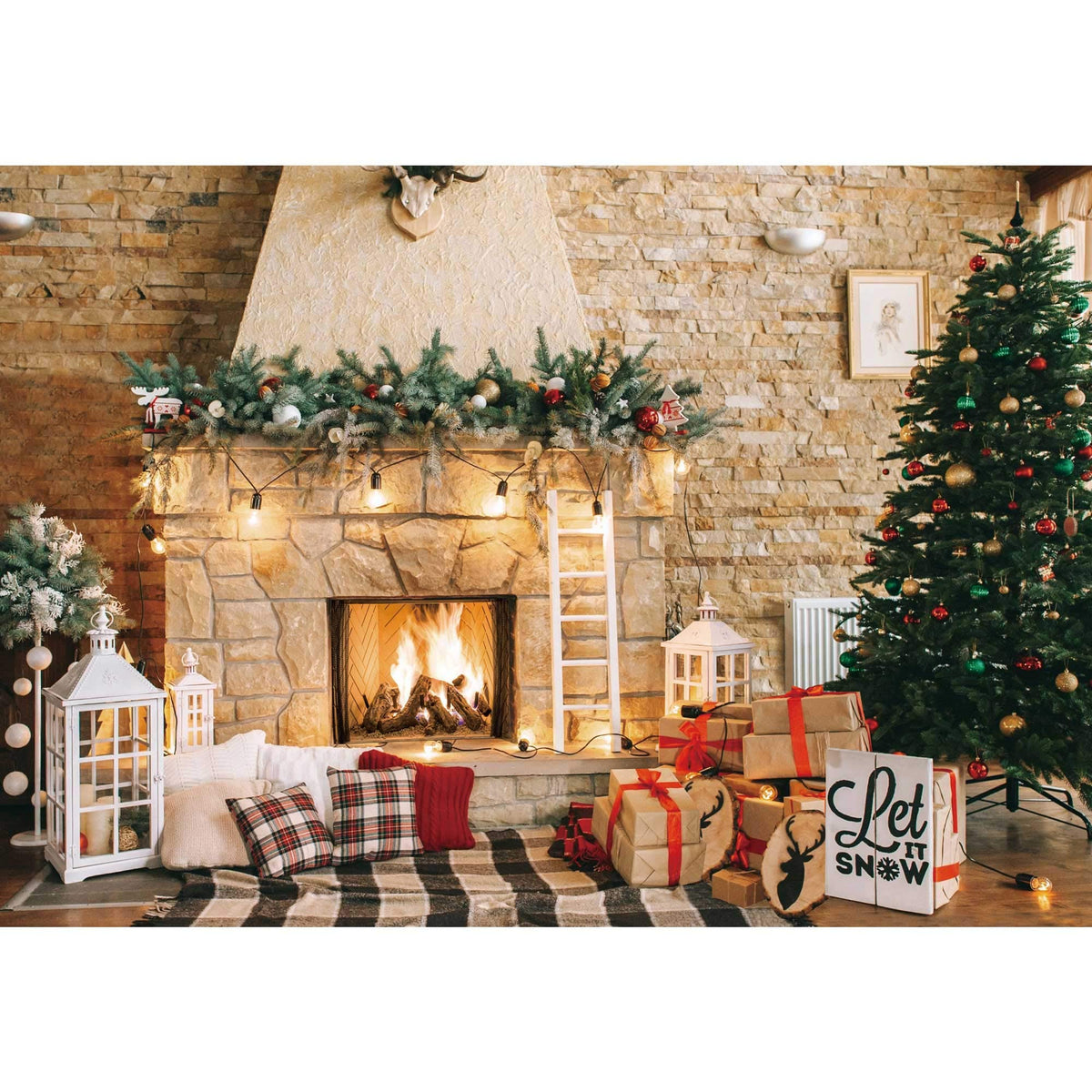 Haboke 10x8ft Christmas Fireplace Theme Backdrop for Photography Christmas Tree Decorations for Xmas Party Supplies Background Pictures Banner Photo Studio Decor Booth Props