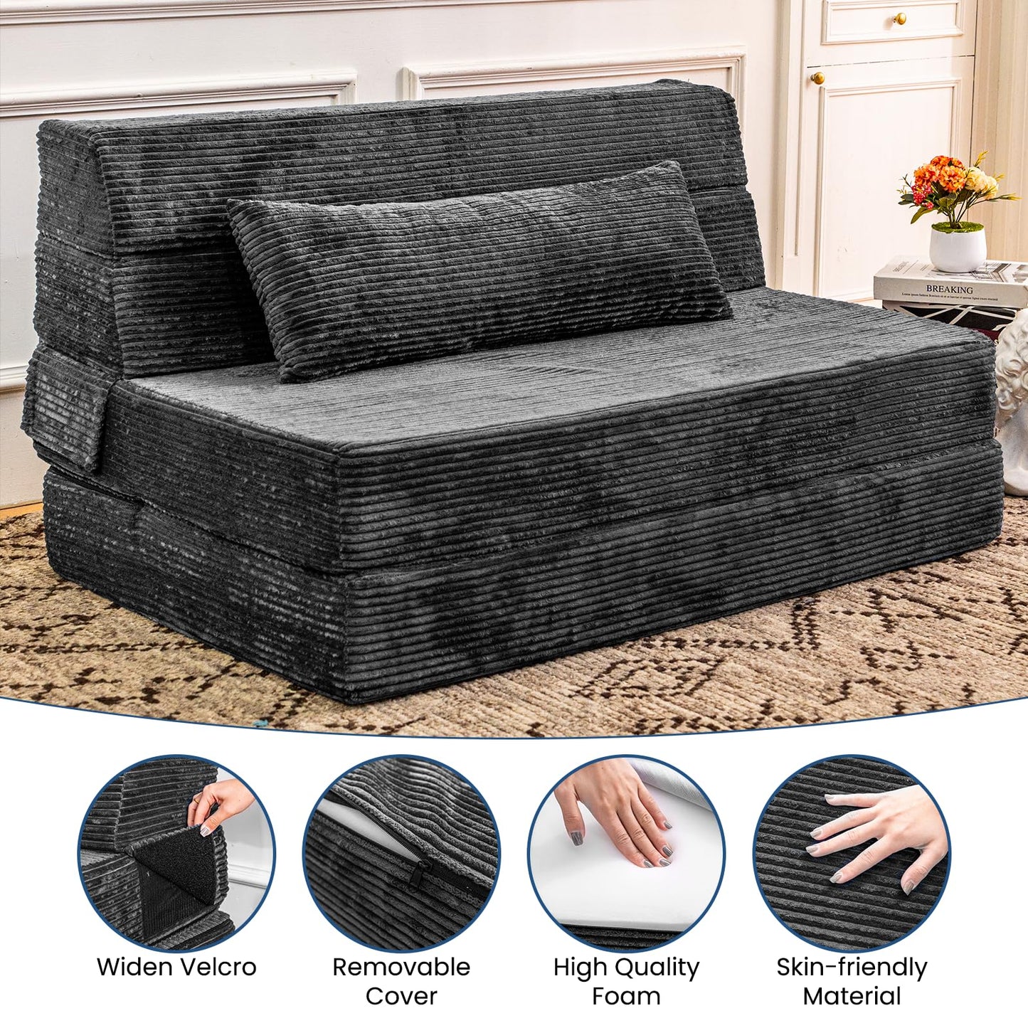 Cvortll Folding Sofa Bed, Convertible Sleeper Chair with Pillow, High Density Memory Foam Fold Out Couch, Foldable Mattress Futon Sofa for Living Room/Dorm/Guest Use/Apartment/Home Office