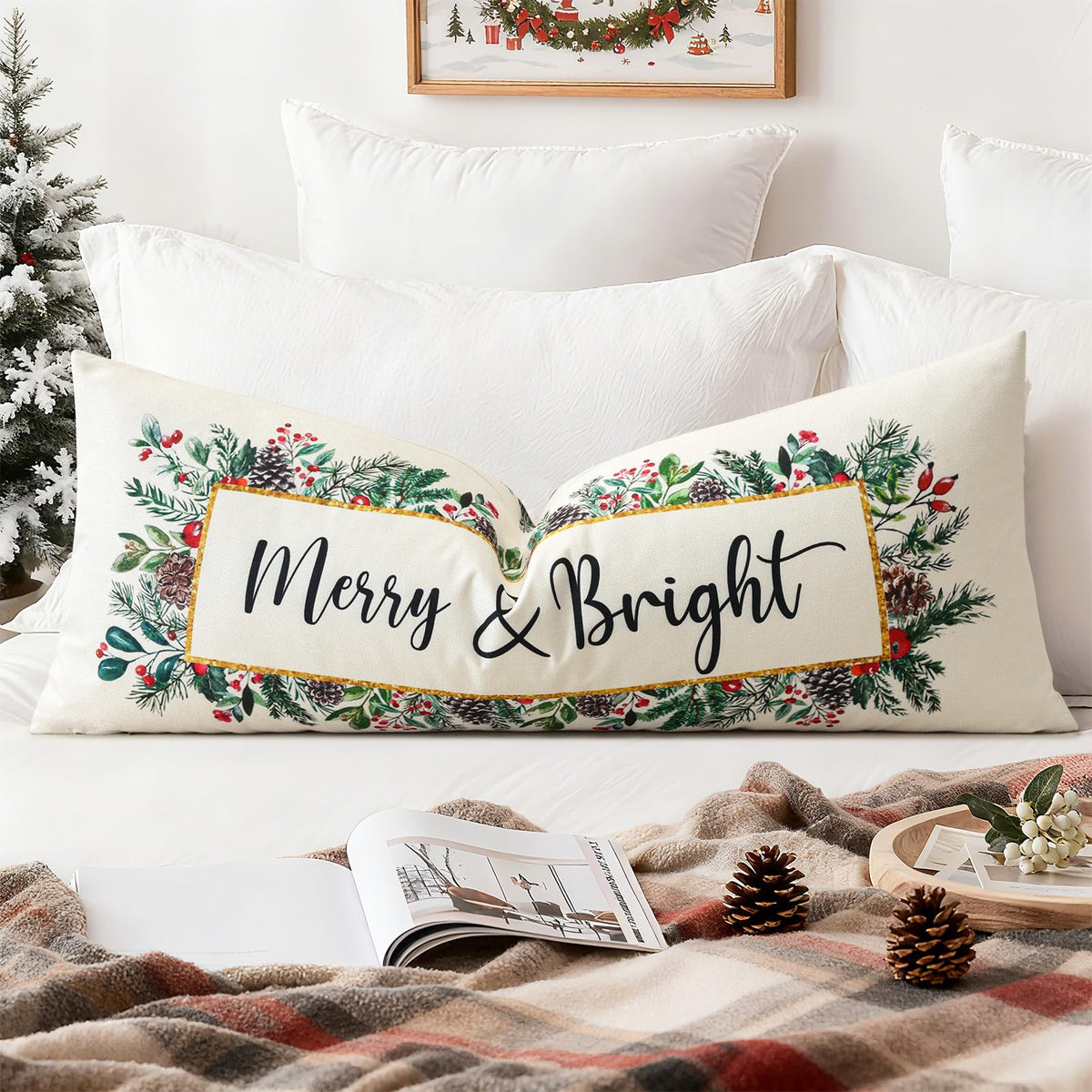 OTOSTAR Merry Bright Christmas Decor Pillow Cover 14x36 Inch Extra Long Lumbar Decorative Throw Pillow Case Eucalyptus Mistletoe Winter Holiday Cushion Cover for Couch Bed Sofa Decor (Merry & Bright)
