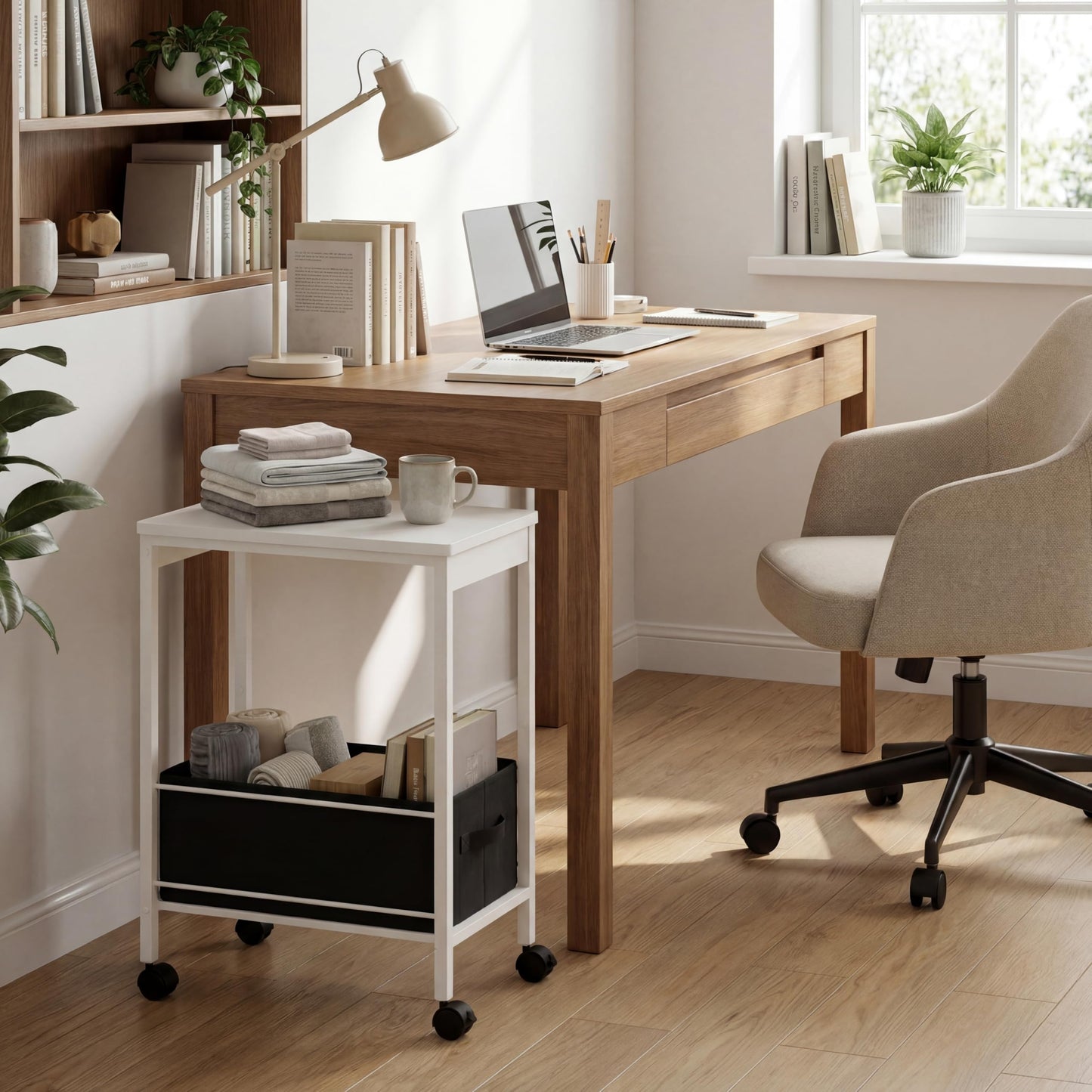 BAKLAM White Rolling Side Table with Storage Basket, Narrow End Table on Wheels for Small Spaces, 15.75" D x 9.84" W x 22.05" H Sofa Side Table with Fabric Bin for Living Room and Bedroom