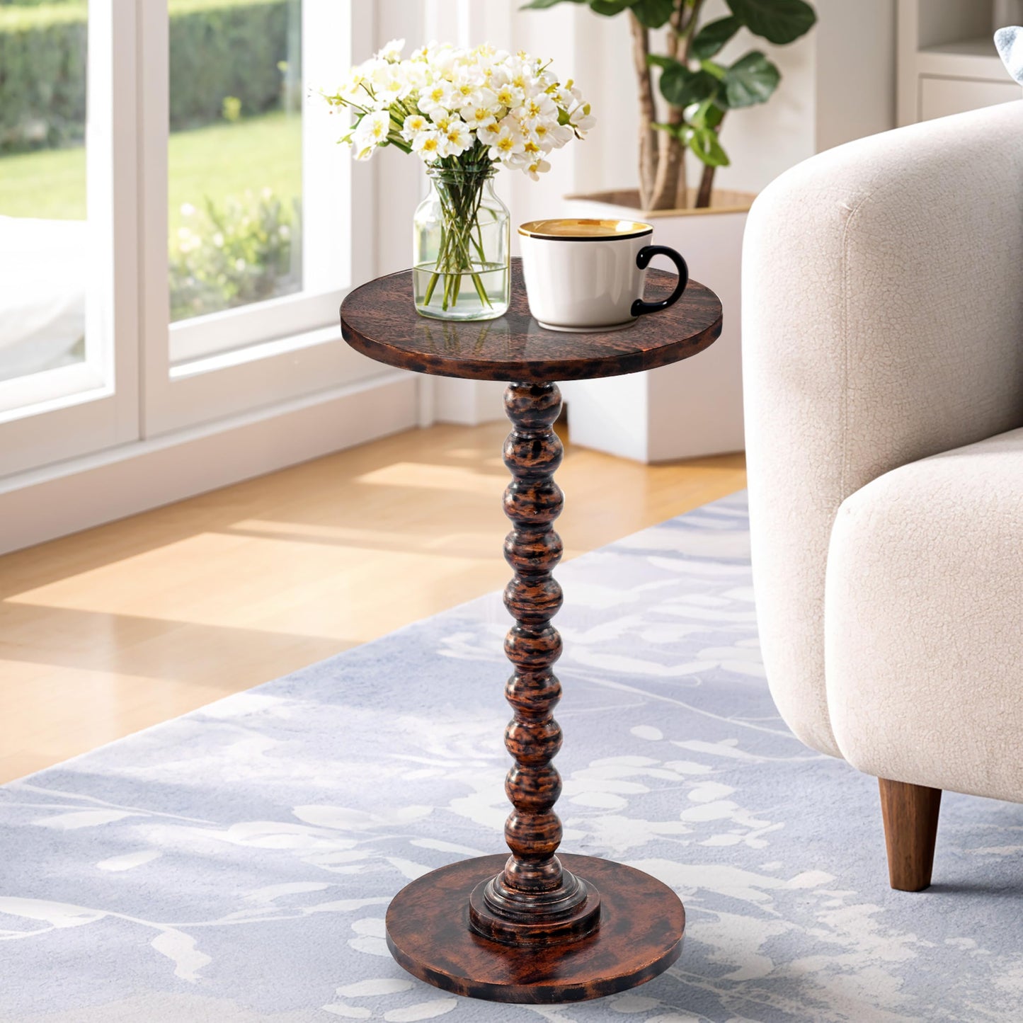 LIVINGNISH Solid Wood Round Side Table for Living Room, Bedroom and Office — Handcrafted 22-Inch End Table, Bedside Nightstand, Accent Table for Small Spaces with Tool-Free Assembly- Rustic Brown