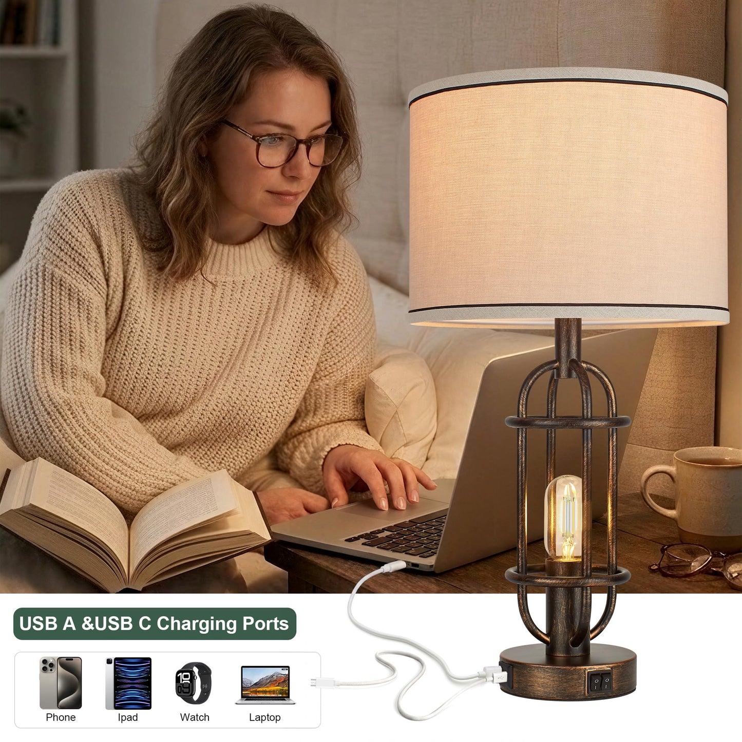 Reaketon Table Lamps for Living Room Set of 2, 22.3" Farmhouse Lamps for Nightstand, Industrial Table Lamps for Bedroom with USB Ports, Retro Bronze