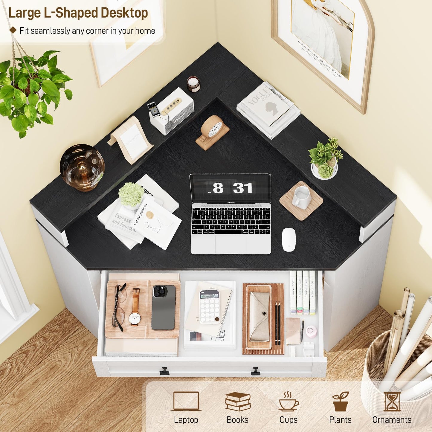 Small Corner Desk, Corner Desk for Small Space, Farmhouse Computer Desk with Drawer, Triangle Computer Desk with Storage Shelf and Monitor Stand for Home Office, Living Room (Rustic White/Black)