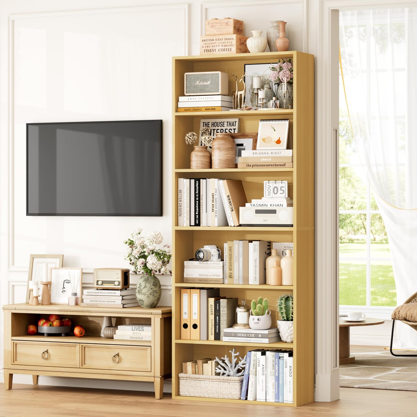 FOTOSOK 6-Tier Open Bookcase and Bookshelf Set of 2, Freestanding Display Storage Shelves Tall Bookcase for Bedroom, Living Room and Office, Natural
