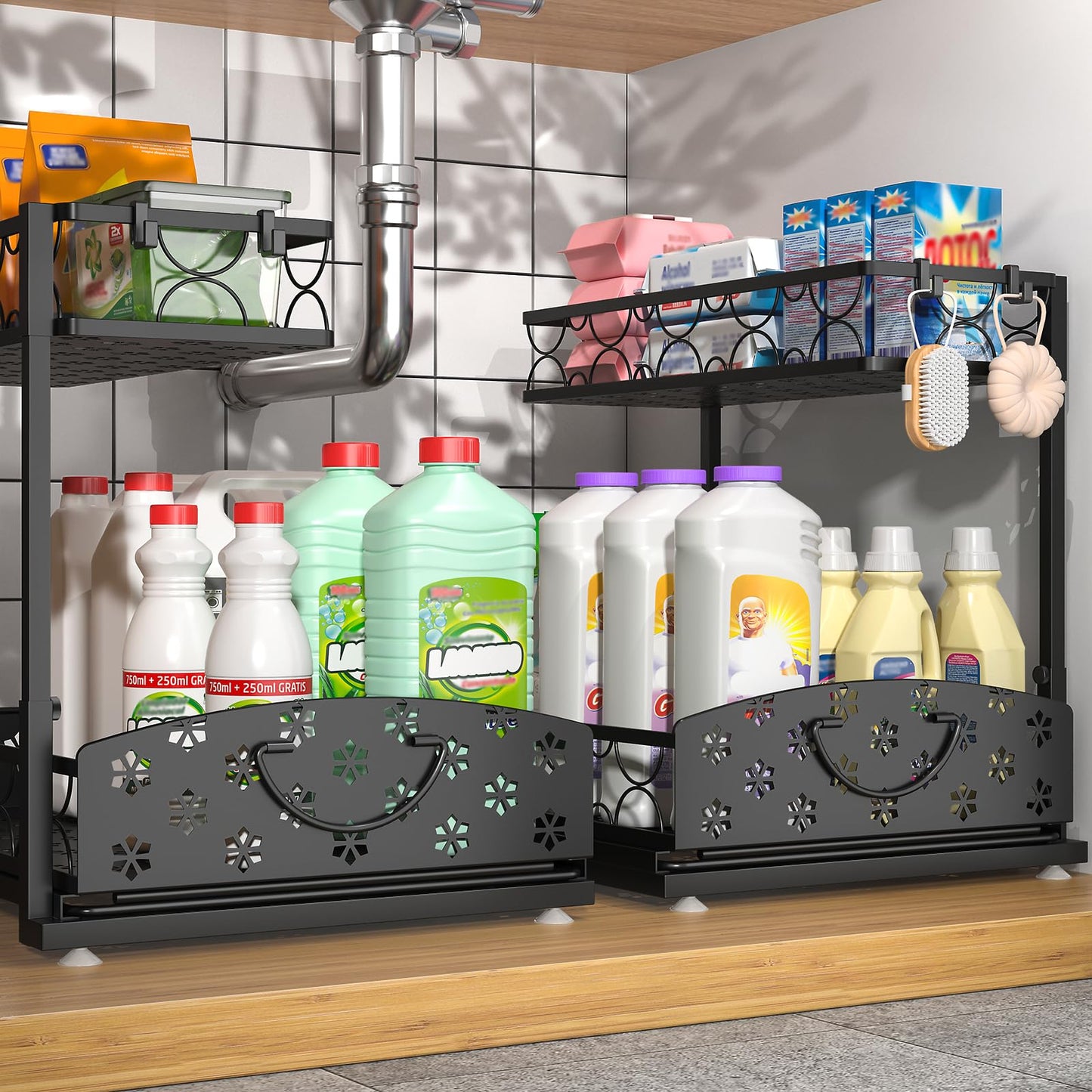 Sevenblue 2 Packs Under Sink Organizer, Height Adjustable 2 Tier Under Kitchen Sink Organizer, Multi-Purpose Storage Shelf for Kitchen Bathroom Cabinet (Metal, Extra Large)