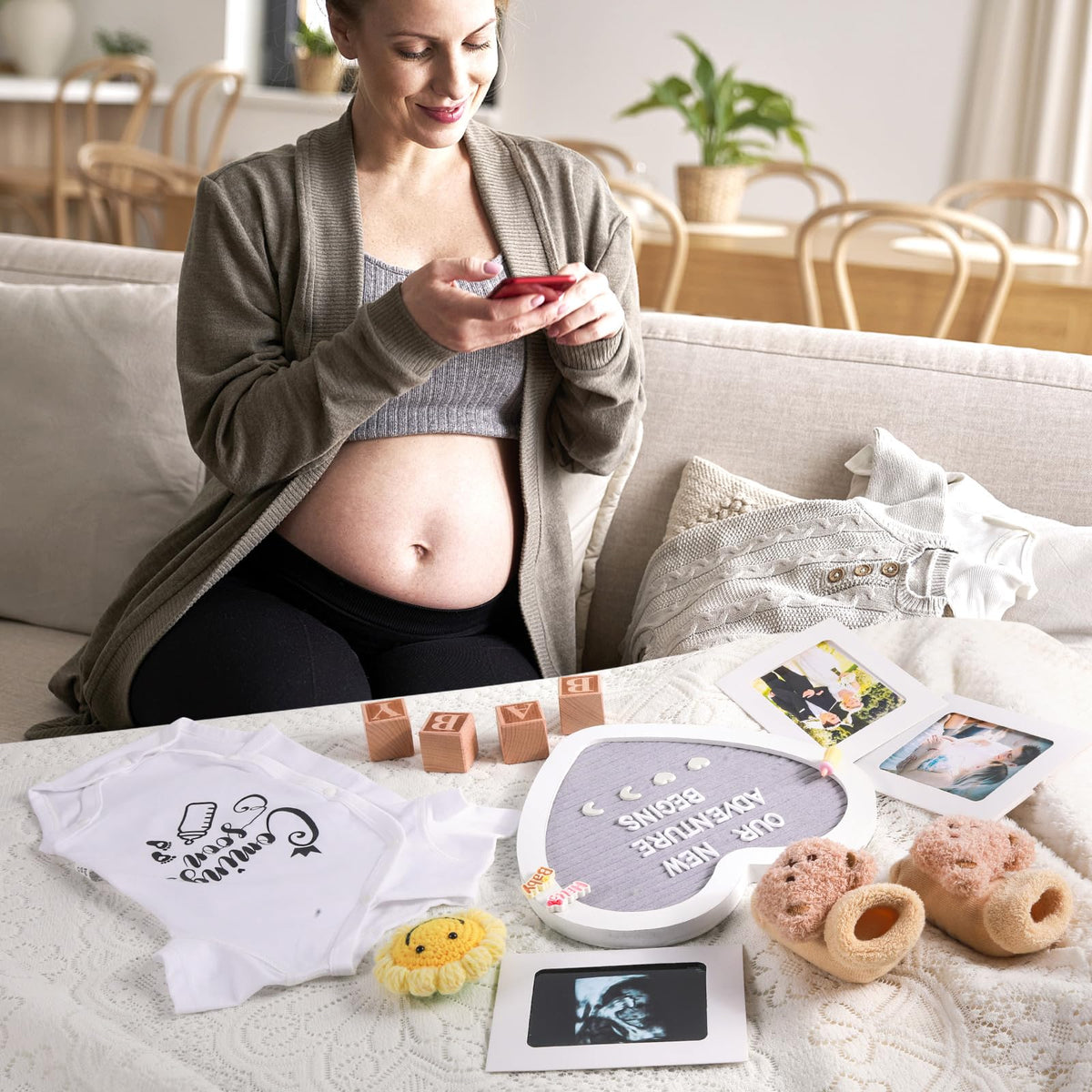Pregnancy Announcement, Coming Soon Baby Announcements Ideas Set Include Felt Letter Board, Baby Onesie, Booties, Photo Frame and Wooden Blocks, Pregnancy Announcement Photo Props Gender Reveal Gifts