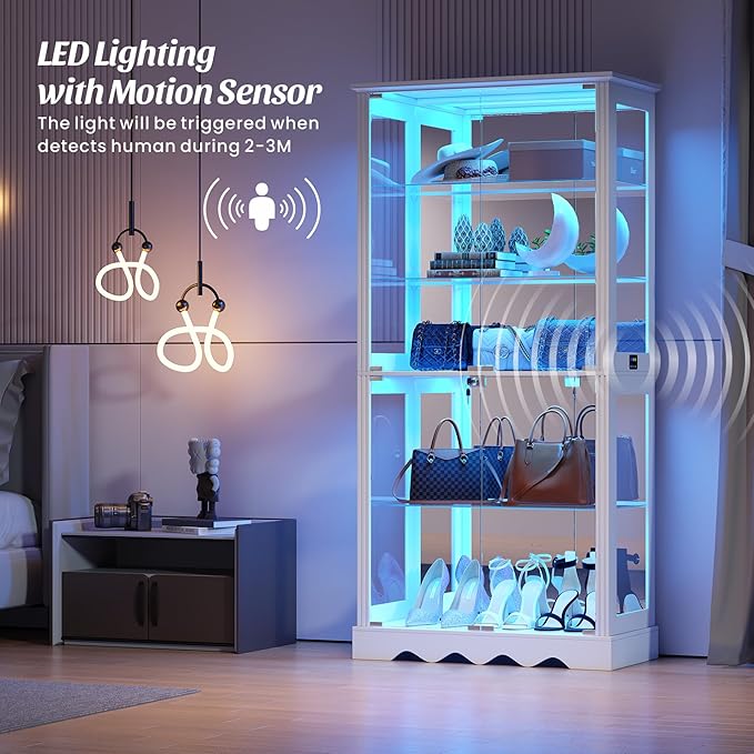 Dystler Display Cabinet with Glass Doors, LED Display Case with Removable Shelf