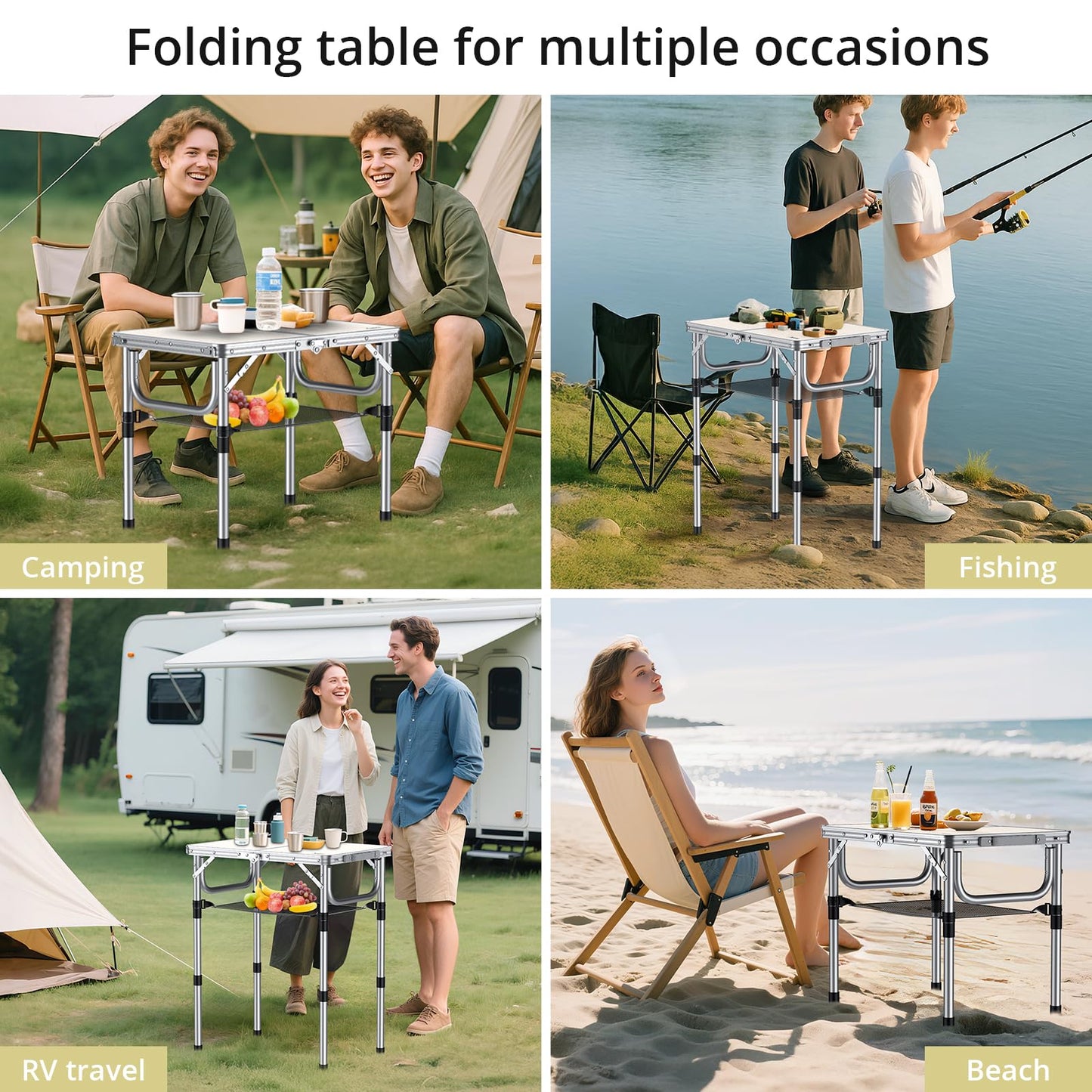 Anbte Folding Camping Table, Aluminum 24" x 16" Adjustable Height Small Folding Table with Carrying Handle, Lightweight, Portable Camping Table Waterproof for Outdoor Indoor Picnic Beach BBQ, Silver