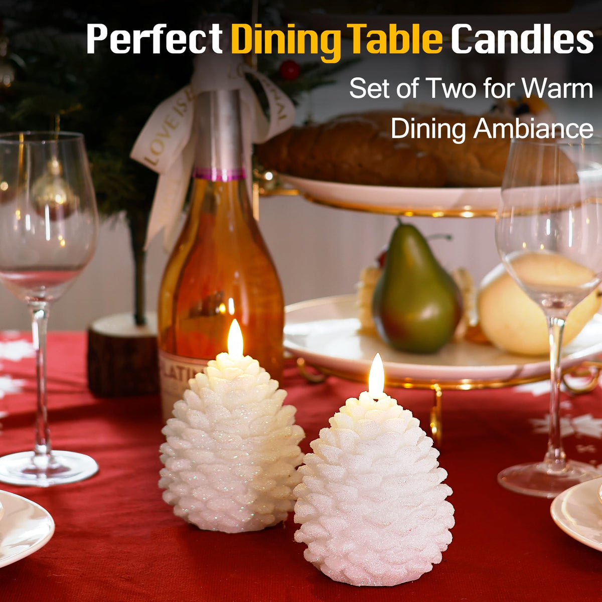 Christmas Flameless Pine Cone Candles with Remote Timer, Battery Operated Flickering Candles, LED Real Wax Pinecone for Christmas Home Decoration, Set of 2, White with Glass Bead Powder (5.5" X 4.1")