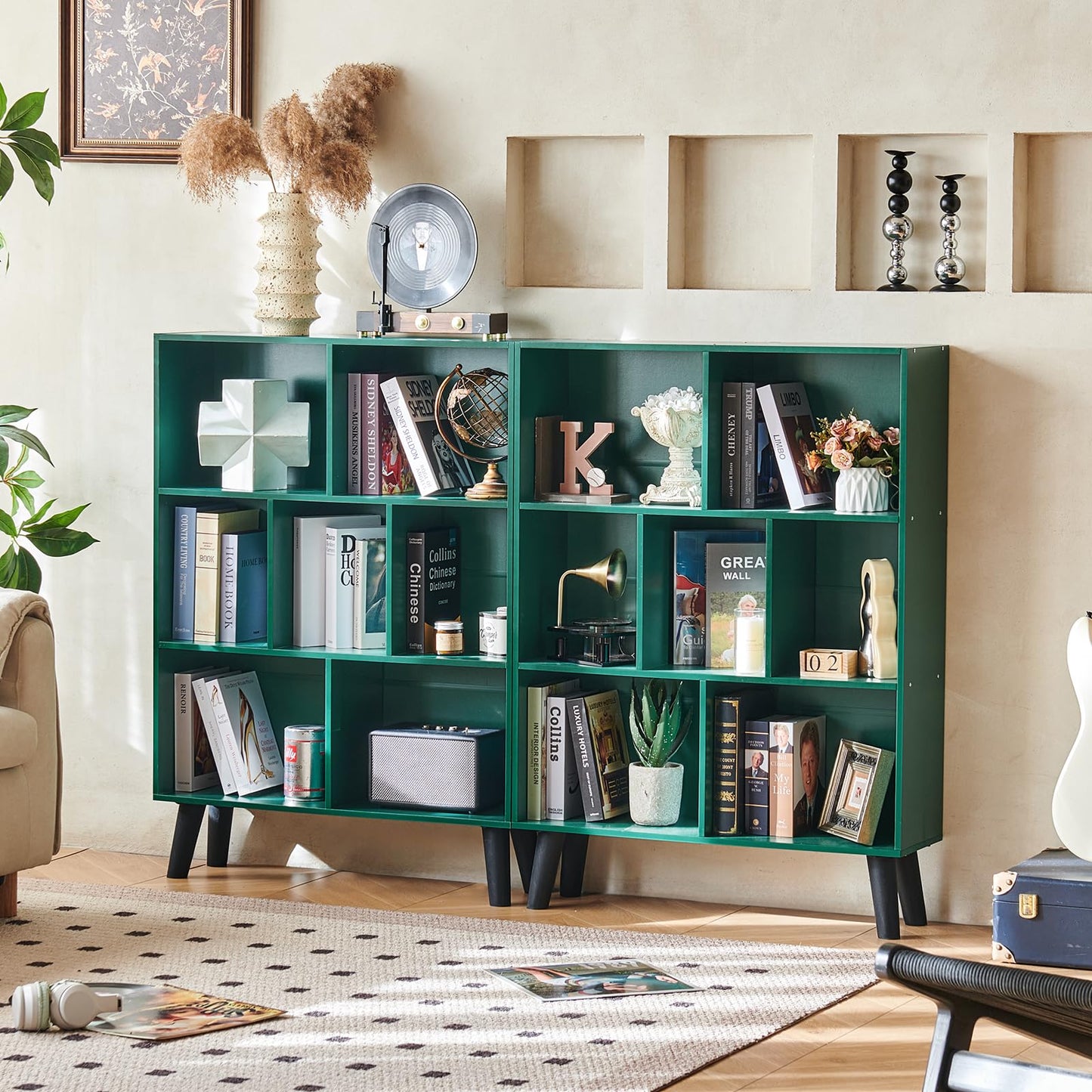 LEYAOYAO Cube Bookshelf 3 Tier Mid-Century Dark Green Modern Bookcase with Legs,Retro Wood Bookshelves Storage Organizer Shelf,Freestanding Open Book Shelves for Bedroom,Living Room,Office