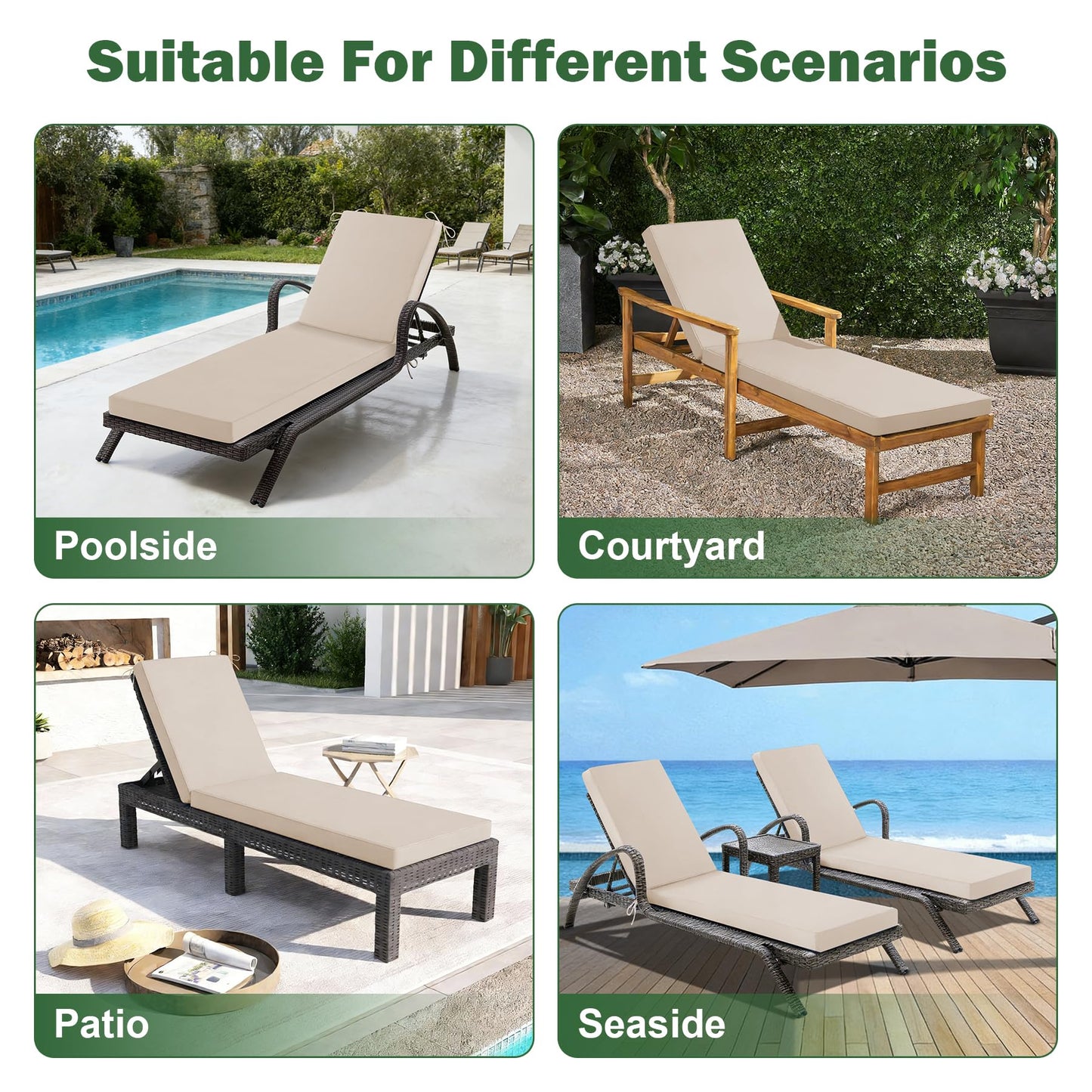 Aegisun Chaise Lounge Cushions Outdoor, 72x 21x 3 Inch Waterproof & Fade-Resistant Lounge Chair Cushion, Outdoor Chaise Cushion with Removable Cover & Ties for Lawn, Patio, Pool & Beach, Beige