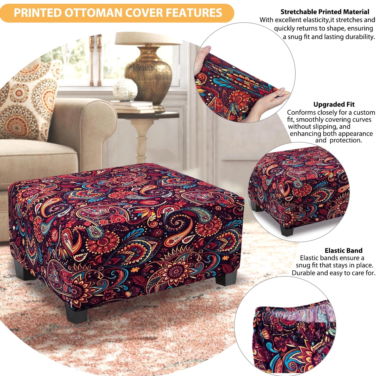 TOPHMDECOR Ottoman Cover Rectangle Printed,Stretch Footstool Slipcover with Elastic Bottom,Soft Fabric Protector for Rectangular Ottoman in Living Room or Bedroom,Medium,Flower E
