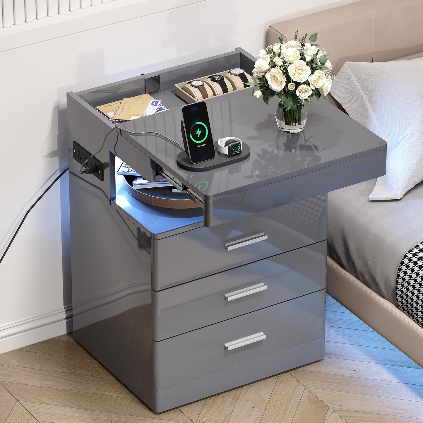 Treocho Led Nightstand with Hidden Space, Modern Night Stand with Charging Station, 3 Drawer Smart Nightstand with Glossy Finish, Tall Bedside Table with RGB Lights for Bedroom, Grey
