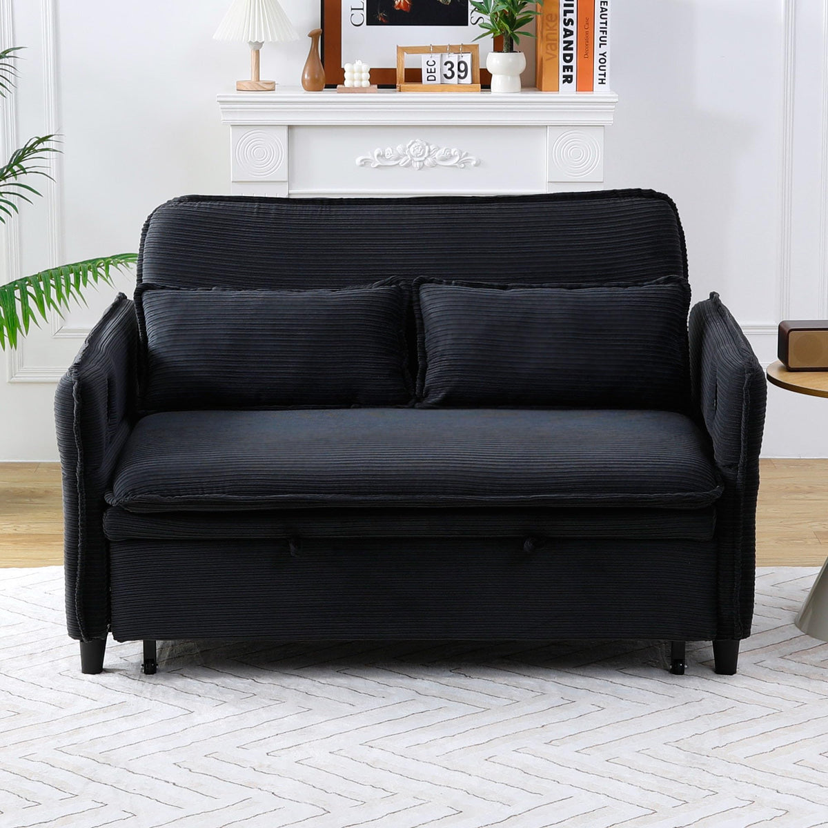 KEIKI 66" Convertible Sofa Bed w/Cup Holder, 3 in 1 Corduroy Sleeper Couch with Pull Out Bed, Adjustable Armrests & Backrests, Modern Chaise Lounge Chair for Living Room Bedroom, Easy Assembly, Black