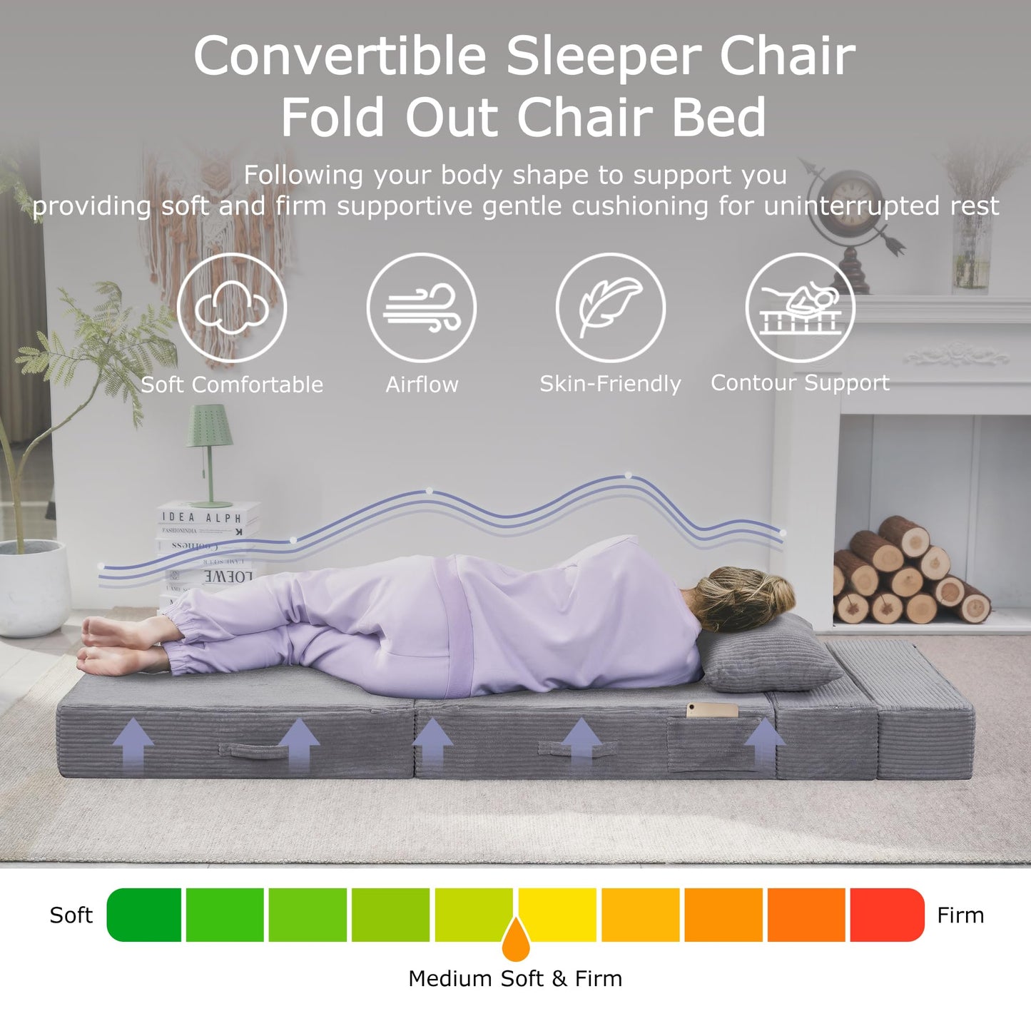 HILERO Folding Sofa Bed, 4 in 1 Convertible Sleeper Chair with Pillow, Single Memory Foam Fold Out Chair Bed, Modern Floor Futon Sofa Couch Mattress for Living Room/Guest/Apartment, Light Gray
