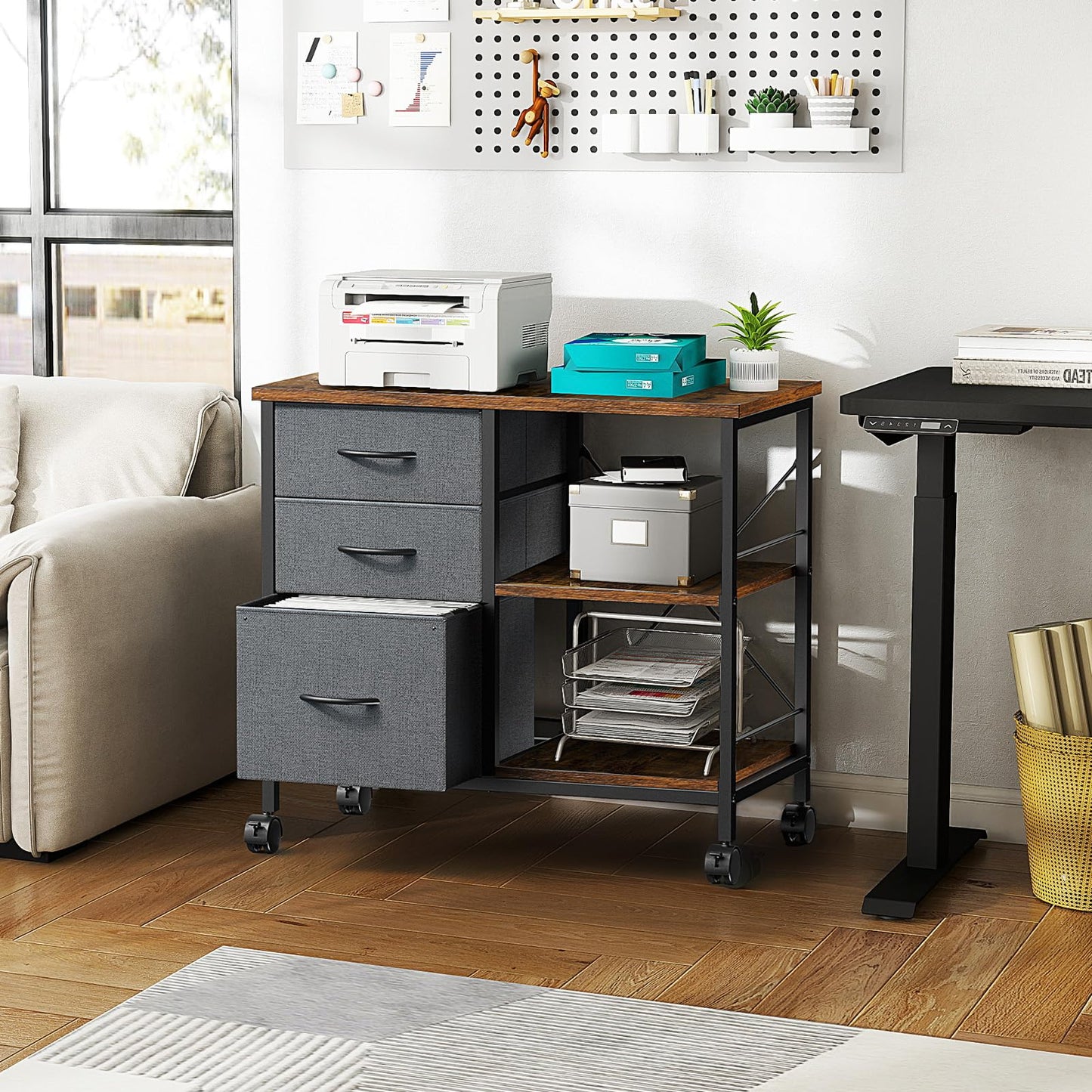 DUMOS 3 Drawer Mobile File Cabinet, Freestanding Fabric Lateral Filing Cabinet Fits A4/Letter Size, Space Saving Rolling Printer Stand with X-Frame and Open Storage Shelf for Home Office, Grey