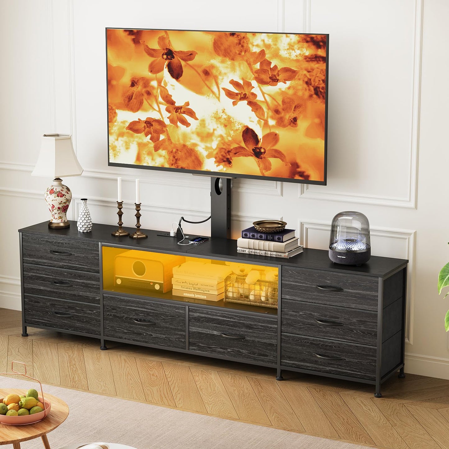 Welfuturer Large TV Stand with Power Outlet and LED Lights, Entertainment Center with 8 Drawers and TV Mount, Rustic Wood Media Console Table with Storage for Living Room, Bedroom (Black)