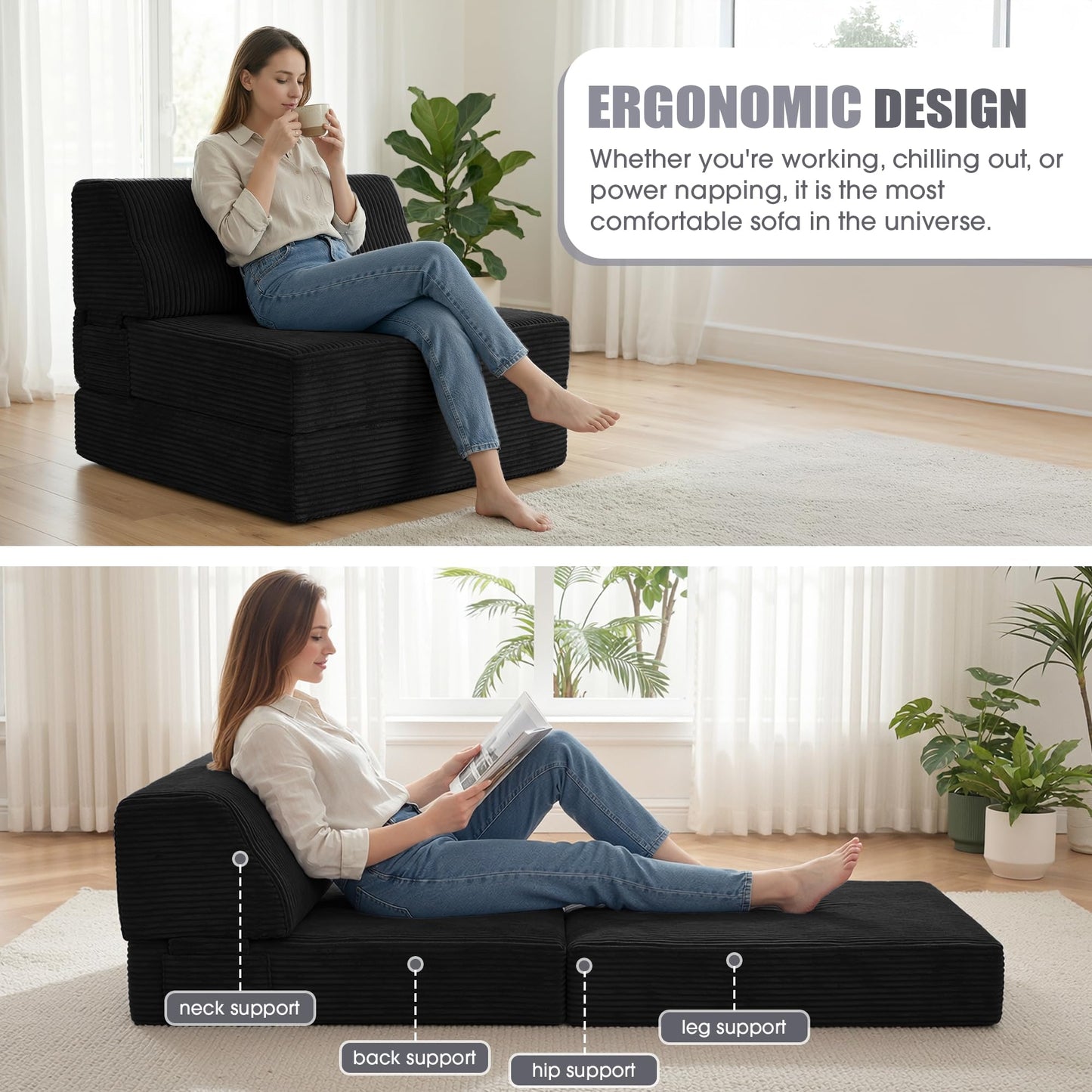 Kasunpul Folding Sofa Bed with Pillow, Memory Foam Fold Out Chair Bed, Convertible Sleeper Chair with Washable Cover, Futon Floor Couch for Living Room/Dorm/Guest Use/Home Office/Apartment, Black