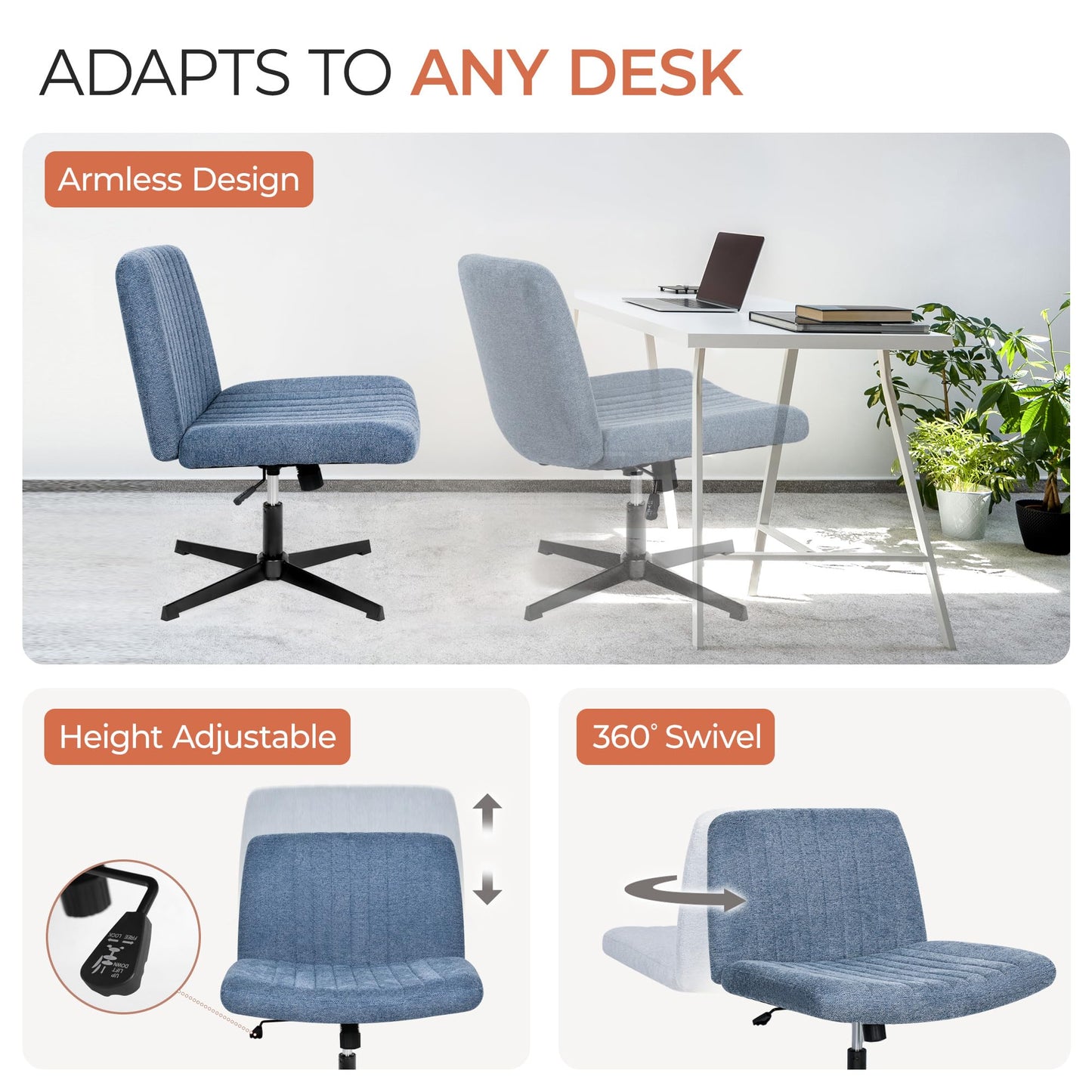 Orange Factory Criss Cross Chair No Wheel Wide Cross Legged Office Desk Vanity Chair Comfy Fabric Armless Adjustable Swivel for Home Computer Task (Blue No Wheel, Classic Fabric)