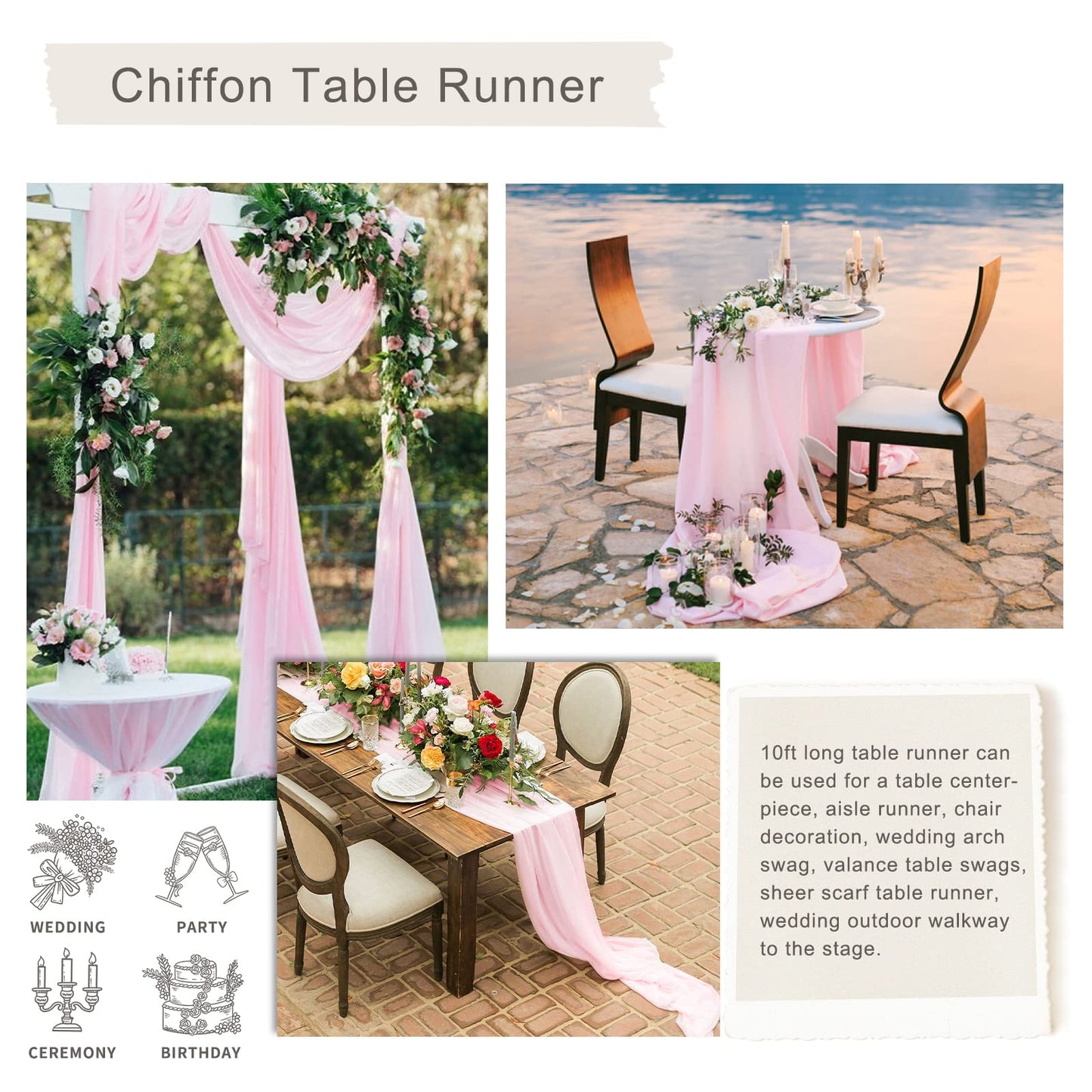 Chiffon Table Runner 1 Piece 27x120 Inches Pink Rustic Sheer Fabric for Wedding Baby Shower Birthday Party Cake Table Decoration