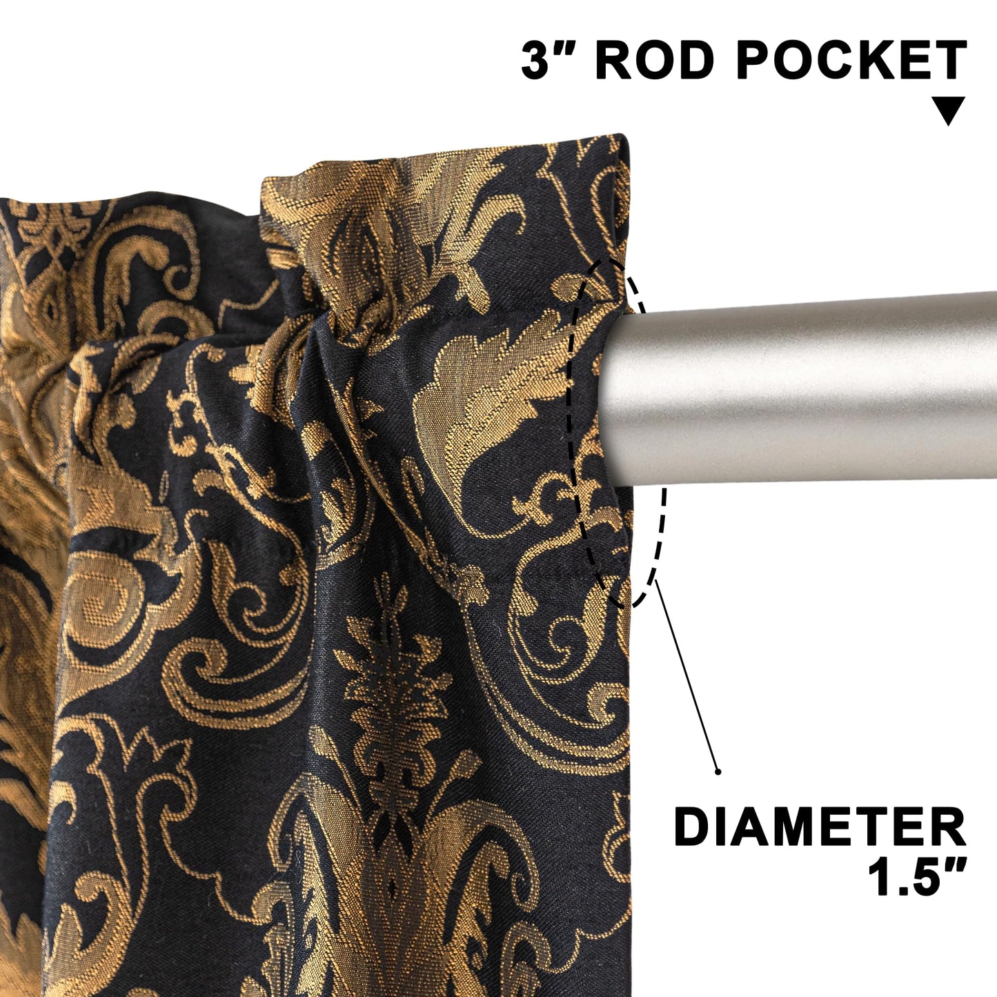 Loom and Mill Luxury Black Damask Curtains for Bedroom, Textured Lined Jacquard Curtains 2 Panels with Tiebacks, Window Curtain for Living Room Banquet Halloween Decor, Rod Pocket(52”x 84”, 2 Panels)