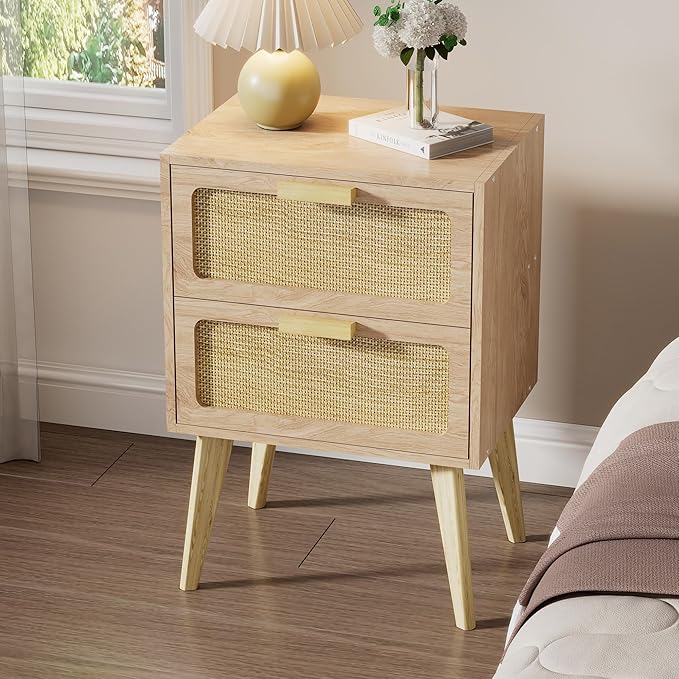 YAUKOMEL Rattan Nightstand, Wood End Table, Side Table