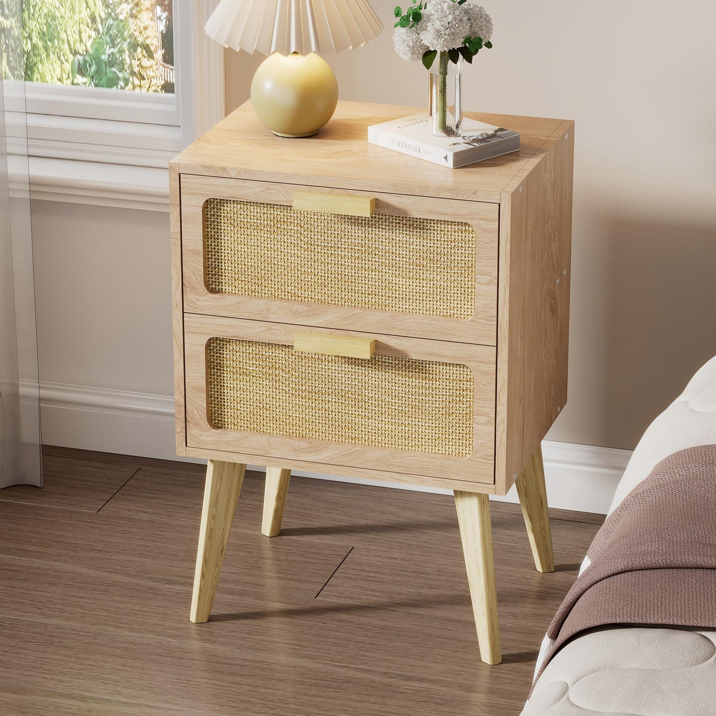 YAUKOMEL Rattan Nightstand, Wood End Table, Side Table with 2 Hand Made Rattan Decorated Drawers,Boho Bedside Table,Wood Accent Table with Storage for Livingroom, Bedroom, Natural CTG59Y
