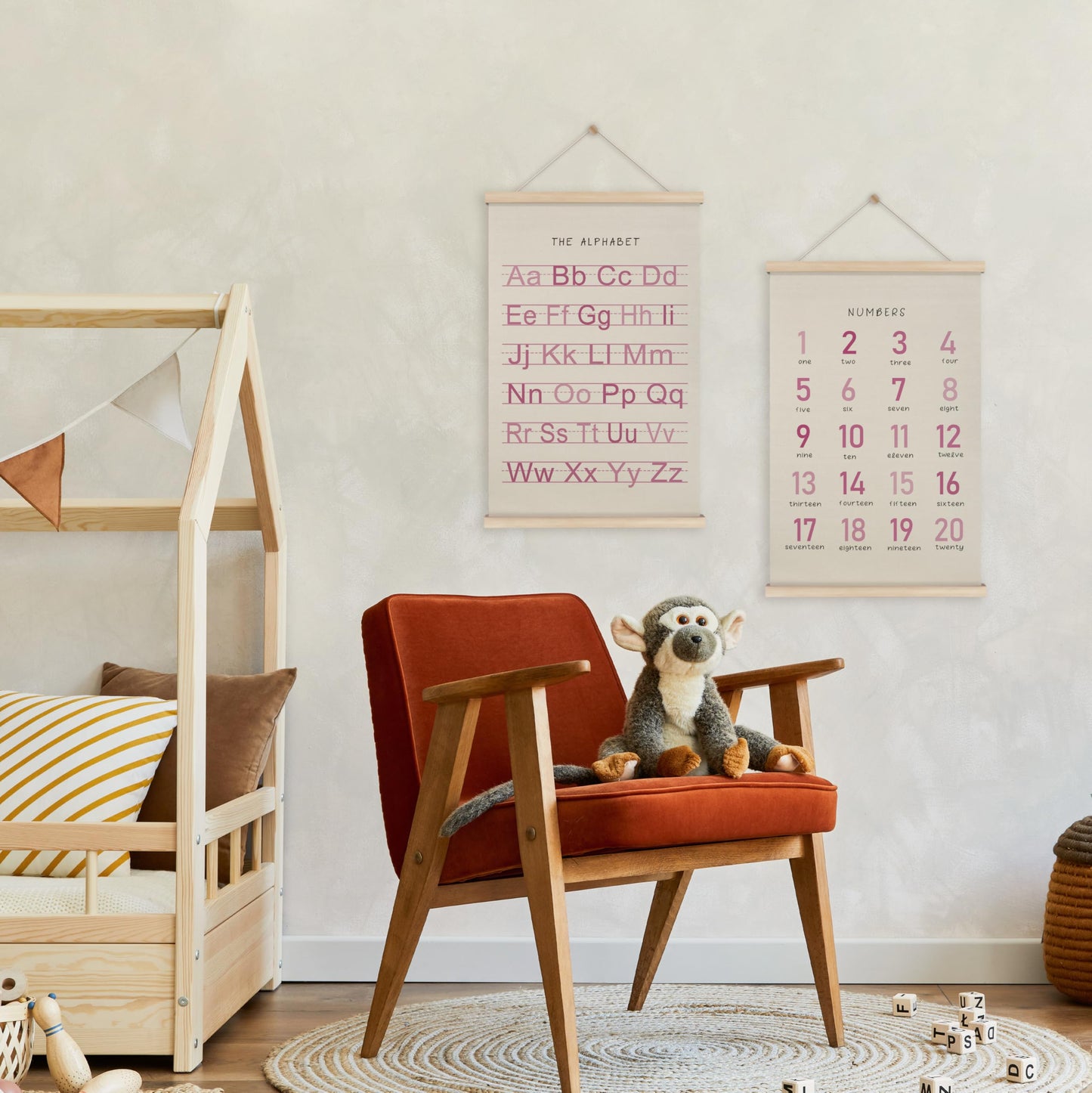 HRQKO Alphabet Numbers Poster Hanger Frame Set of 2, Pink Girls Nursery Wall Decor, ABC Poster Wall Art with Wooden Frames, Pink Alphabet Banner Wall Hanging Decor for Toddler Playroom, 16x24 inch