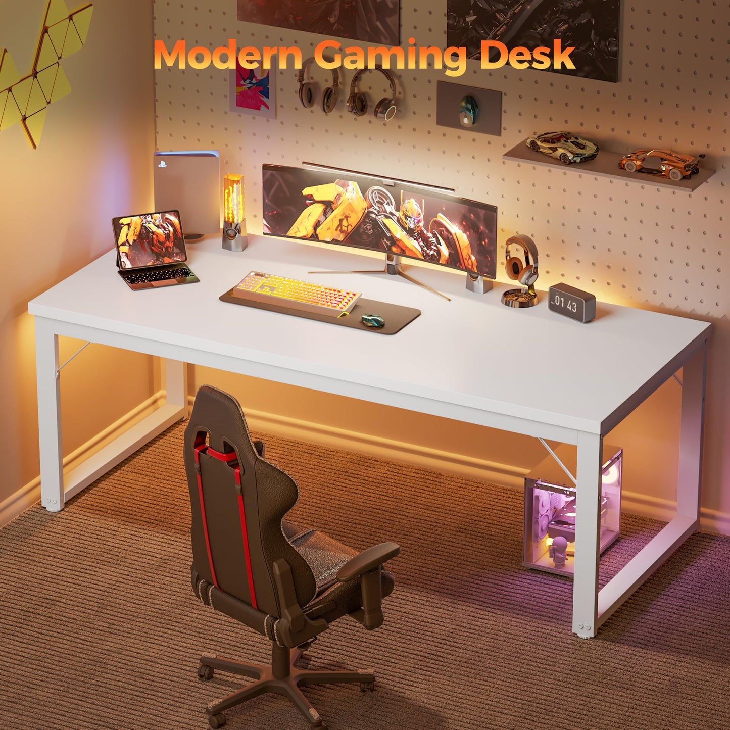 Mericonia 40 Inch Computer Desk, 1" Thick Modern Simple Study Writing Table, Heavy Duty Industrial Office Desk for Home Bedroom Workstation, White
