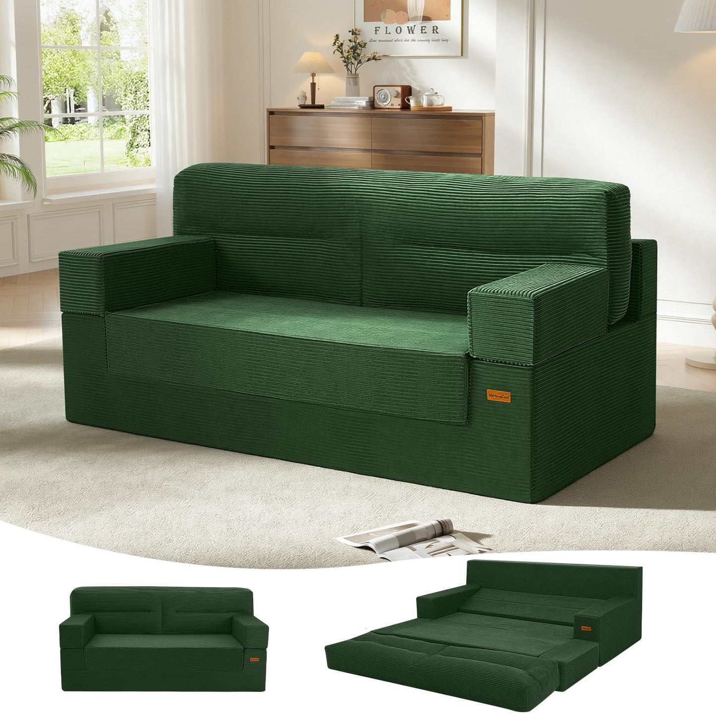 MeMoreCool Queen Sofa Bed, 4-in-1 Pull Out Couch Bed with Wedge Pillow, Boneless Futon Sleeper Loveseat, No Assembly Folding Sofa for Living Room Guest Room, Green Corduroy