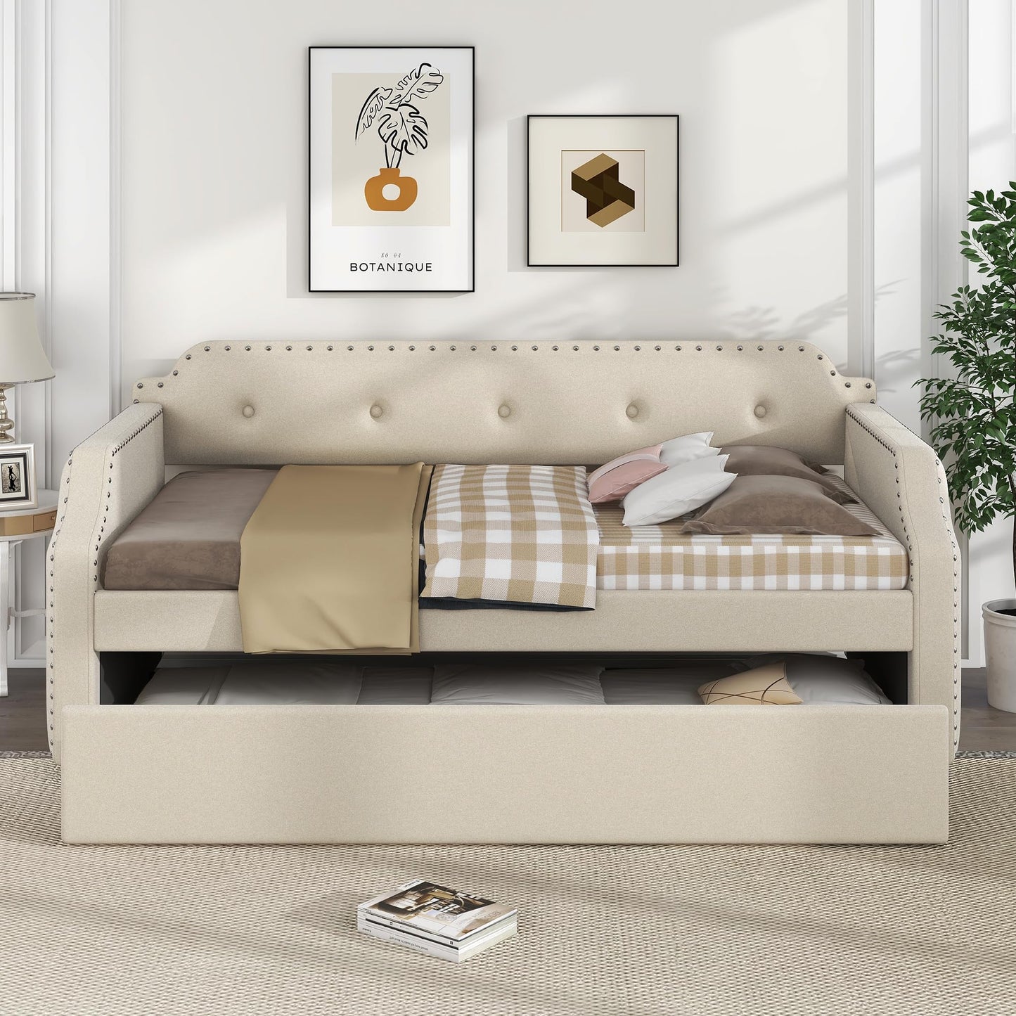 Upholstered Daybed with Trundle, Daybed Couch with Nailhead Decor and Button Tufted Design, Trundle Day Bed with Wood Slat Support, Mid Century Daybed for Living Room, Bedroom, Both Twin Size (Beige)