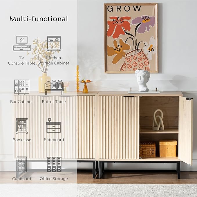 EYYTHUNG Fluted Storage Cabinet Set of 3, Sideboard Buffet Cabinet Modern