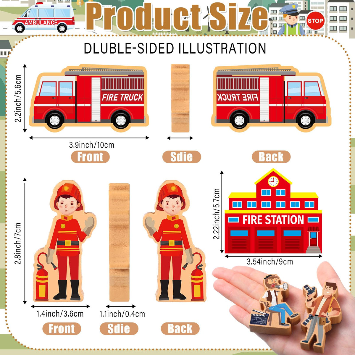 Blosssound 81 Pcs Wooden Community Helpers Toys Wooden Car Town Set Wood People Figures Multicultural Career Wood Blocks for Preschool Classroom Diversity Play Games Educational Activity Supplies
