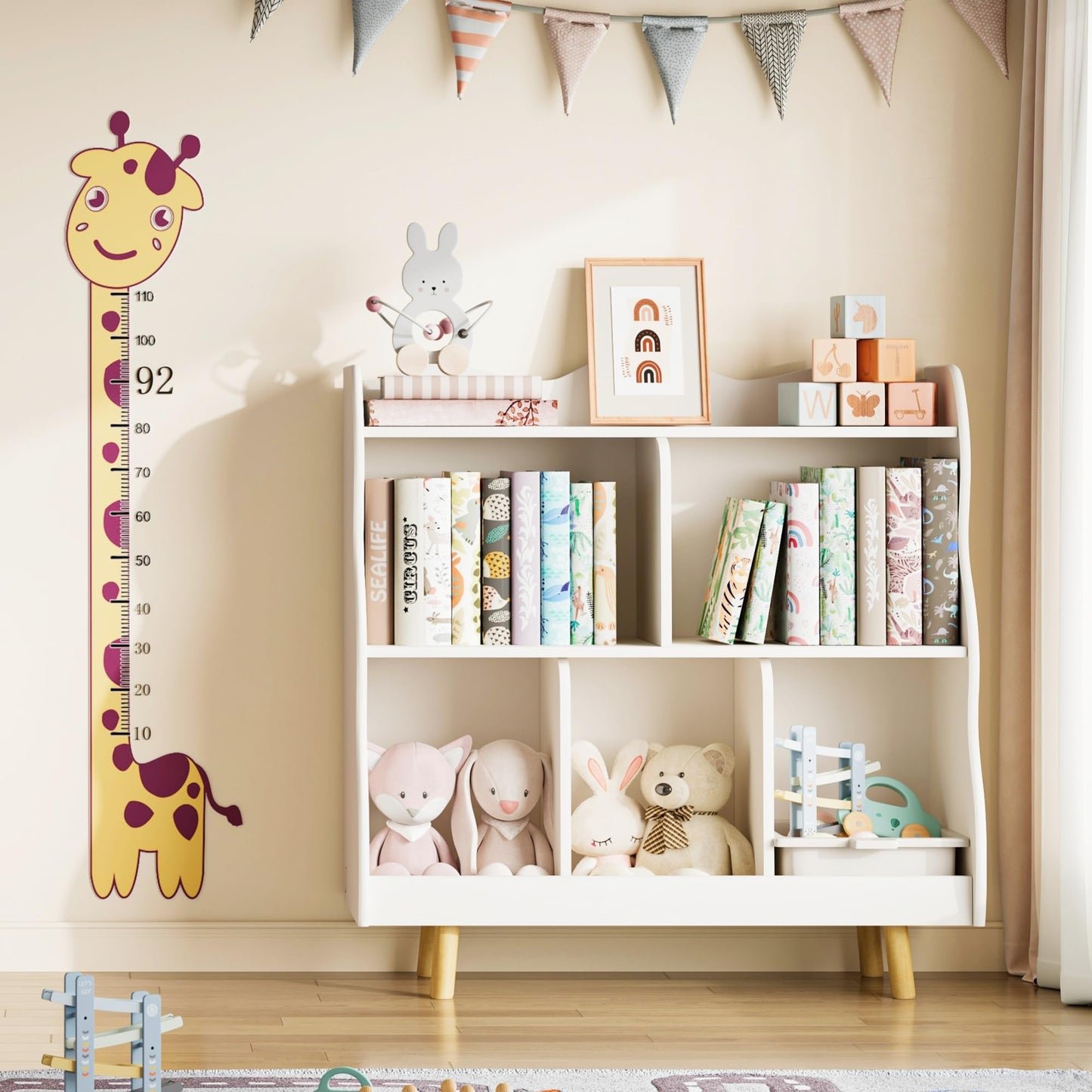 Treocho Kids Bookshelf and Toy Storage Orangizer, 3-Tier Wooden Children's Bookcase with Curve Design, 5 Cubbies Toy Storage Cabinet Display with Legs for Children's Room, Playroom, School, White