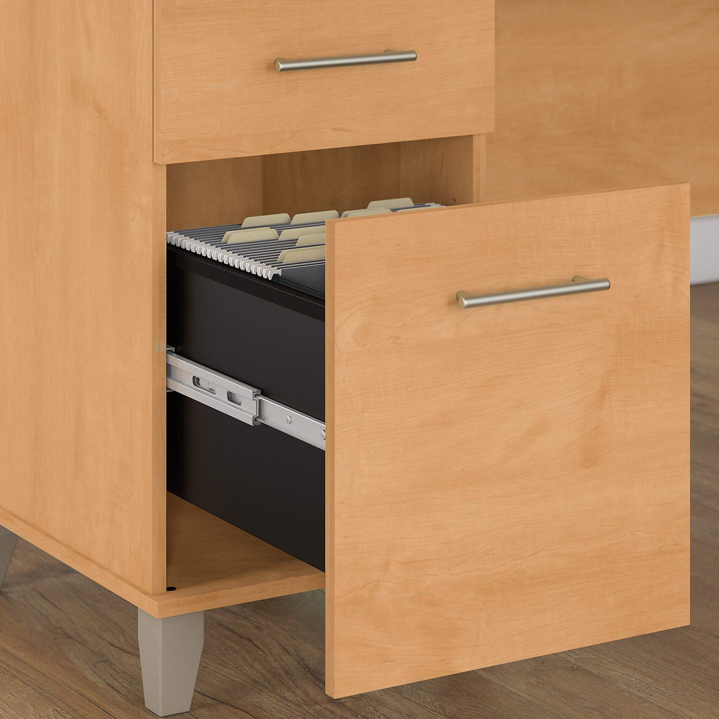 Bush Furniture Somerset 72W 3 Position Sit to Stand L Shaped Desk with Hutch and File Cabinet in Maple Cross
