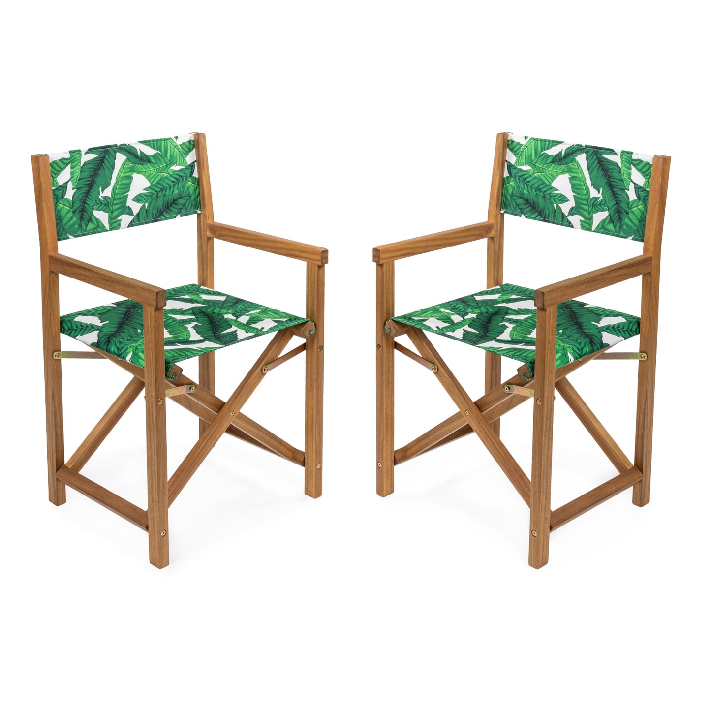 JONATHAN Y Cukor Coastal Acacia Wood Folding Outdoor Director Chair Set of 2 for Patio, Deck & Balcony, Weather-Resistant Teak Brown and Green/White, No Assembly Required DRC1001A-SET2