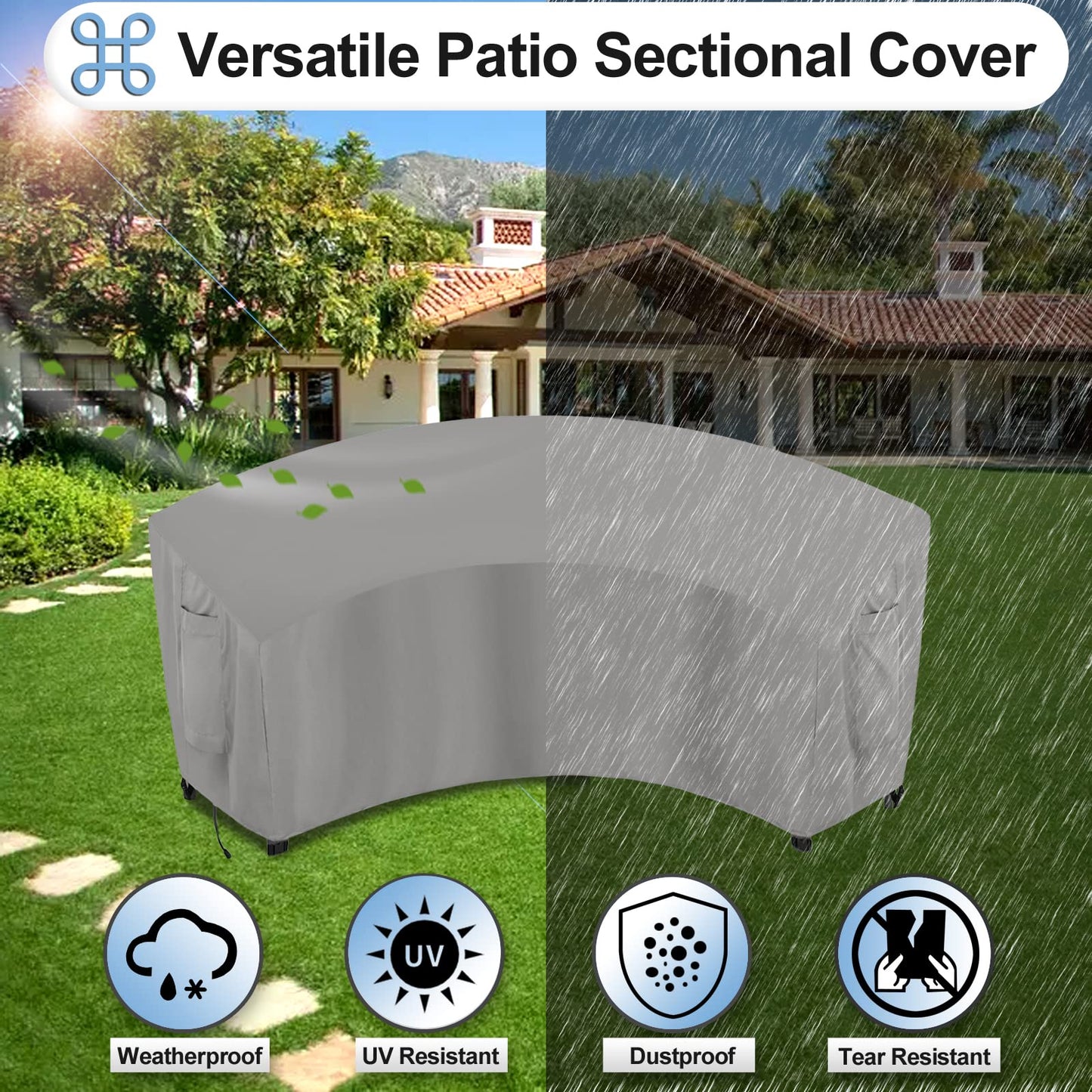 OutdoorLines Waterproof Curved Outdoor Sectional Cover - UV Resistant Windproof Patio Sectional Sofa Covers for Deck, Lawn and Backyard, Heavy Duty Furniture Covers (90Lx34Dx32Hx46FL, Grey)