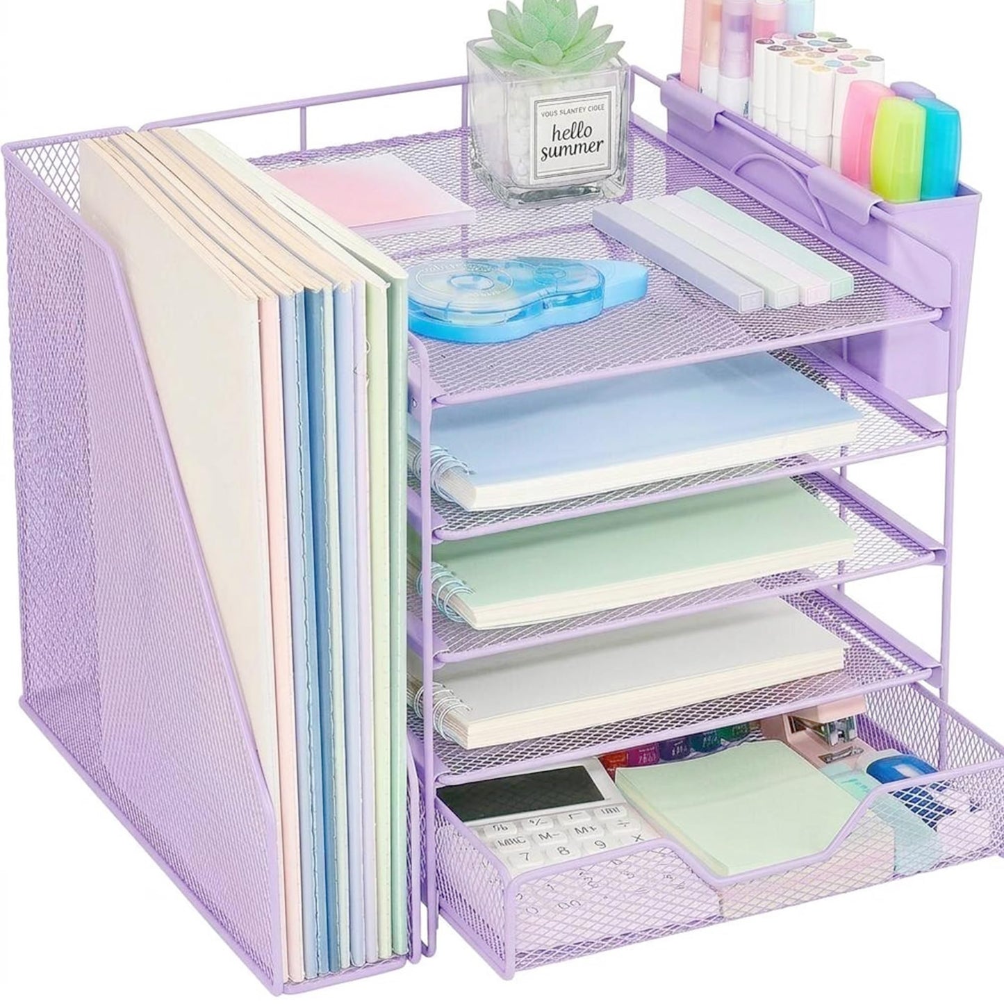 Gugsey Desk Organizers and Accessories, 5-Tier Paper Letter Tray Organizer with File Holder, Drawer & Pen Holder, Office Desk Accessories, Desktop Organizer for Classroom Office Supplies, Purple
