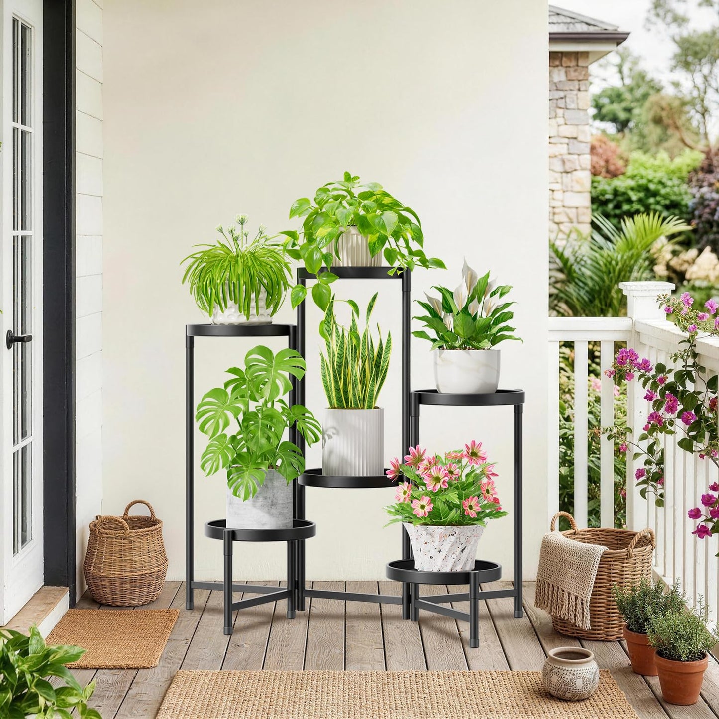 iDavosic.ly 6 Tier Large Plant Stand Indoor with 10 Inch Wide Tray, Tiered Corner Metal Outdoor Flower Display Holder Shelf, Folding Tall Rack for Patio Porch Living Room, Modern Black