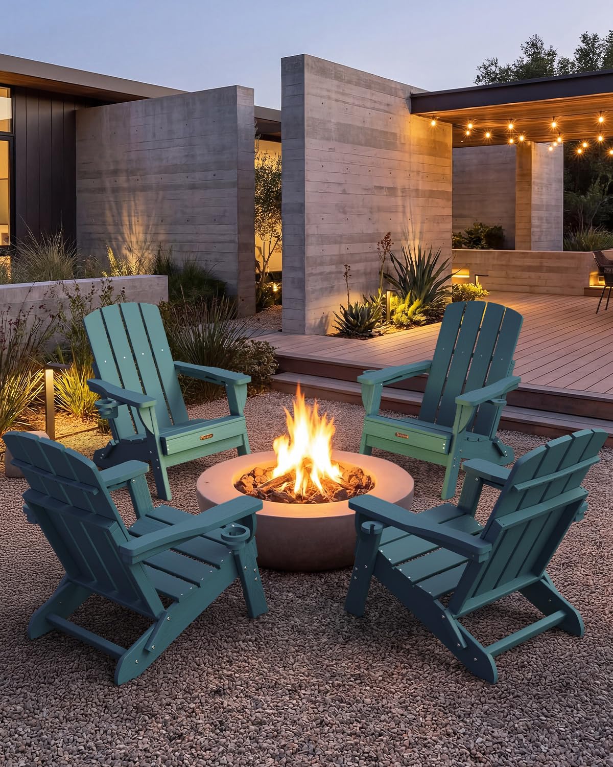 SUUNYN Folding Adirondack Chair, HDPE Adirondack Chairs with 2 Cup Holder, Plastic All-Weather Fire Pit Chairs, Outdoor Lawn Chair for Patio Garden (Navy Blue)