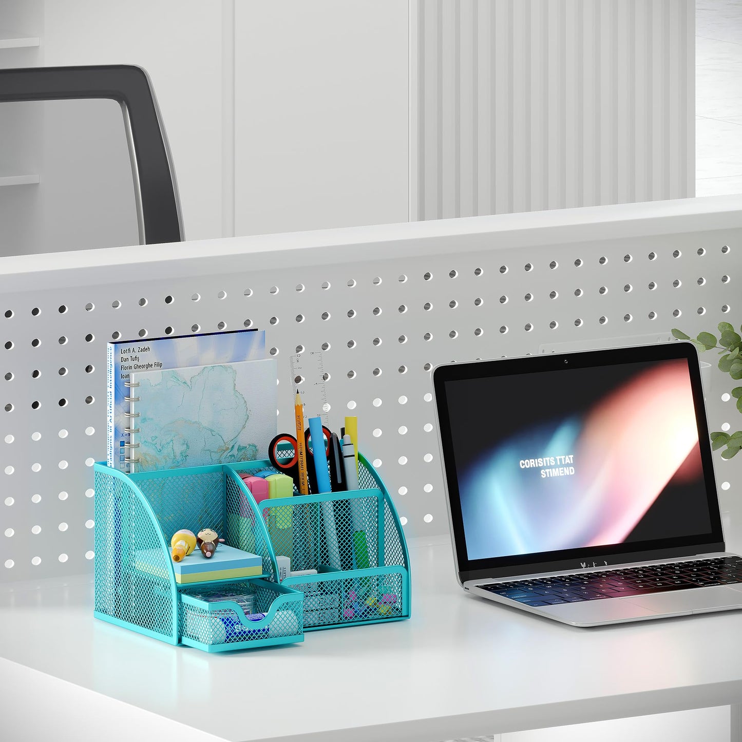 EasyPAG Mesh Desk Organizer with Drawer Multi-functional Pen Holder Stationery Organizer for Office School Supplies 6 Compartments Dorm Organizers and Storage for Desk, Blue