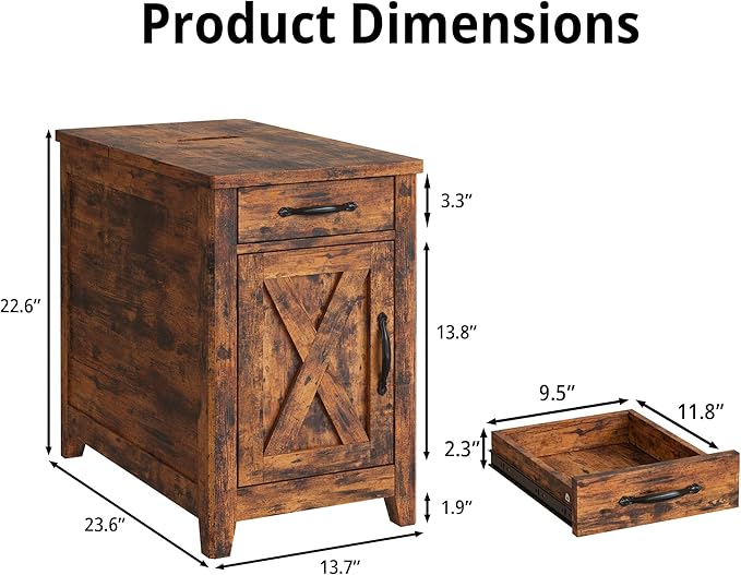 IRONCK End Table with Charging Station, Narrow Side Table
