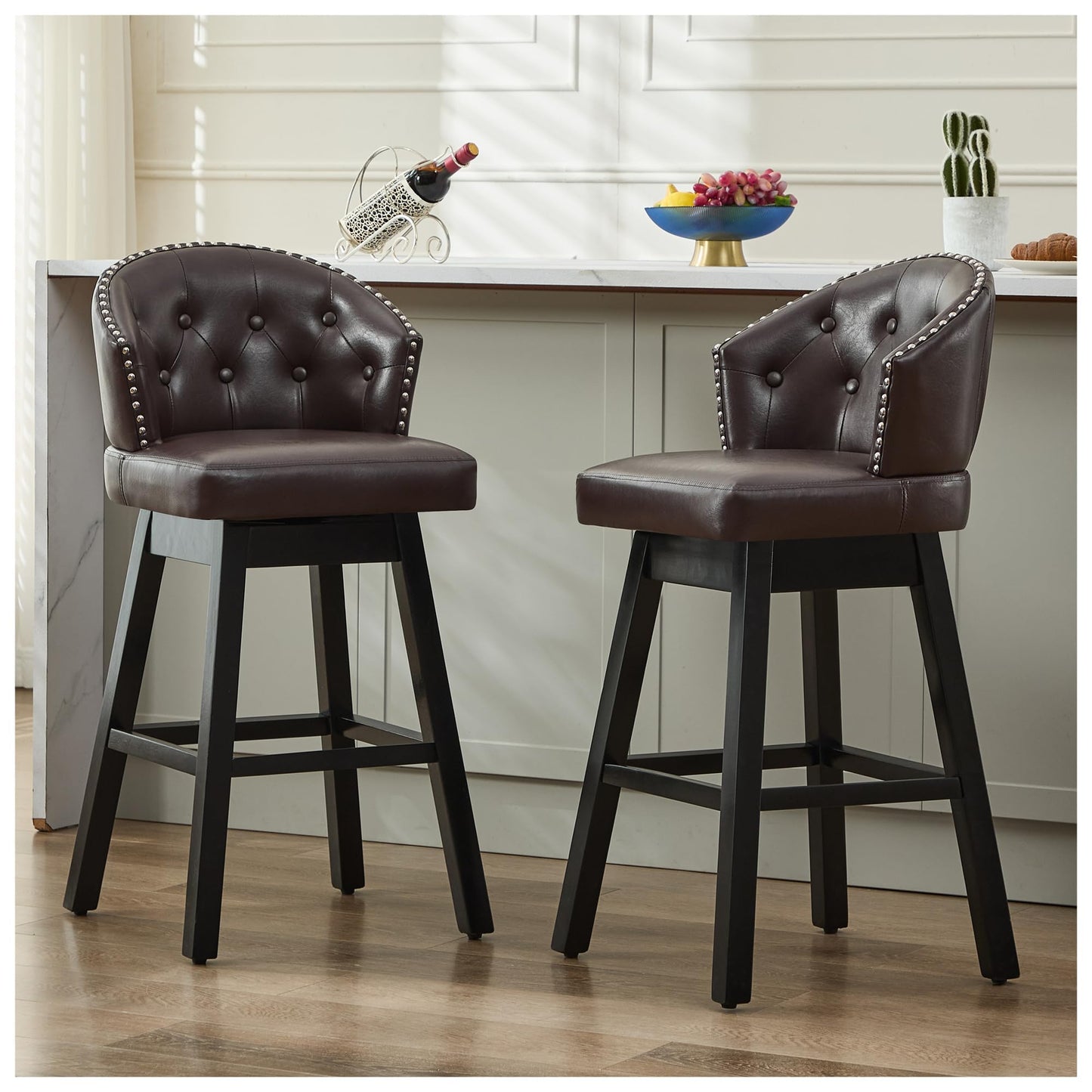 UDAX 29''Swivel Bar Stools Set of 2, Upholstered Barstools with Backs, Modern Counter Height Bar Stool Chairs for Kitchen Island, Wood Legs, Counter Stools