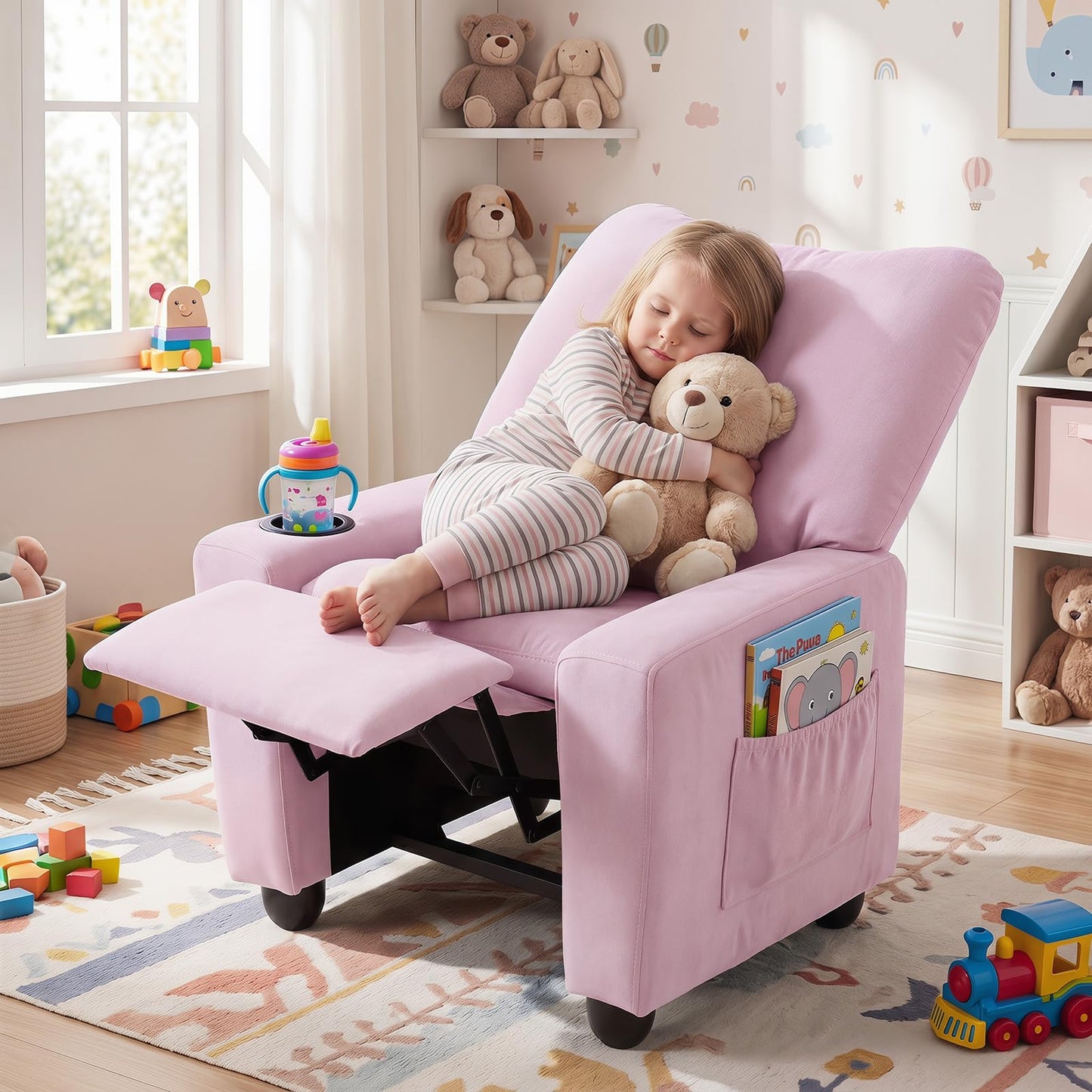 Costzon Kids Recliner Chair with Cup Holder, Toddler Adjustable Lounge Chair w/Footrest for Boys Girls Room, Ergonomic Baby Child Furniture Sofa for Age 3+ Gifts, Kids Mini Recliner up to 150 lbs